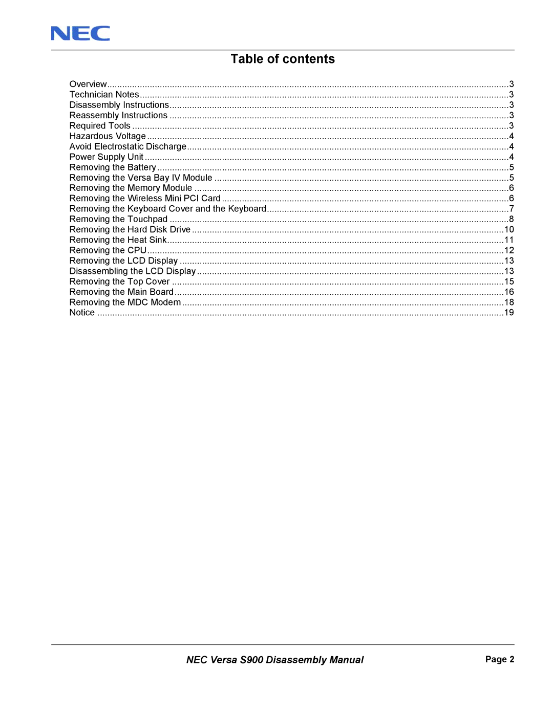 NEC S900 manual Table of contents 