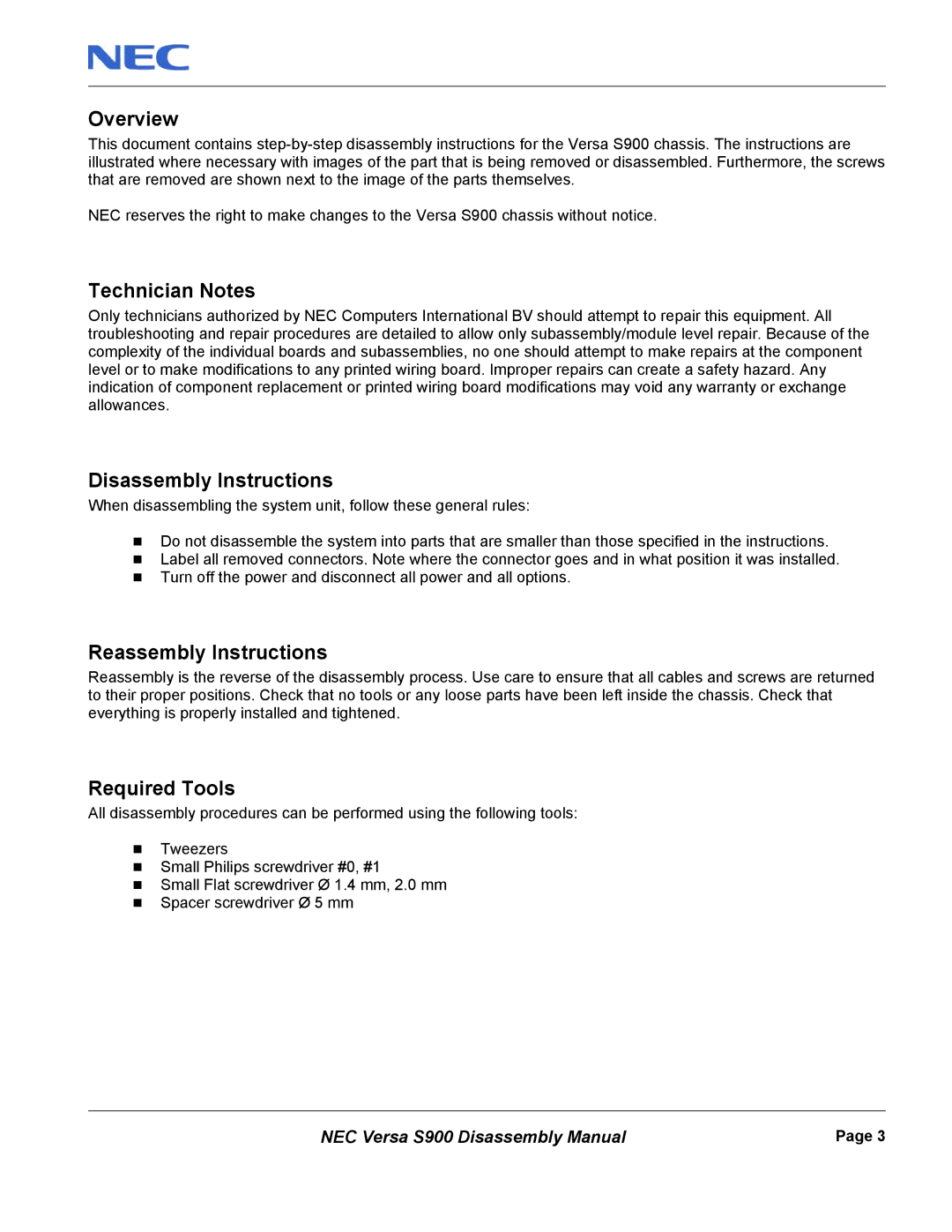 NEC S900 manual Overview, Technician Notes, Disassembly Instructions, Reassembly Instructions, Required Tools 