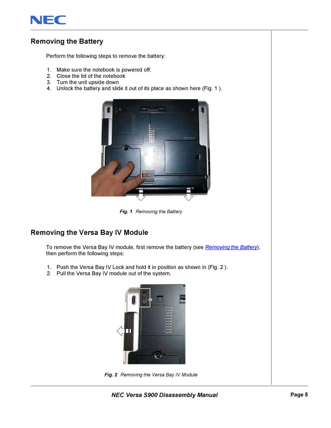 NEC S900 manual Removing the Battery, Removing the Versa Bay IV Module 