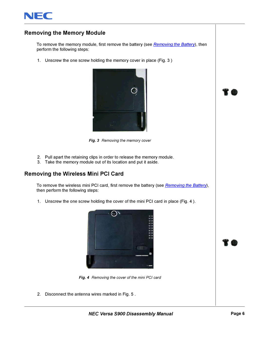 NEC S900 manual Removing the Memory Module, Removing the Wireless Mini PCI Card 