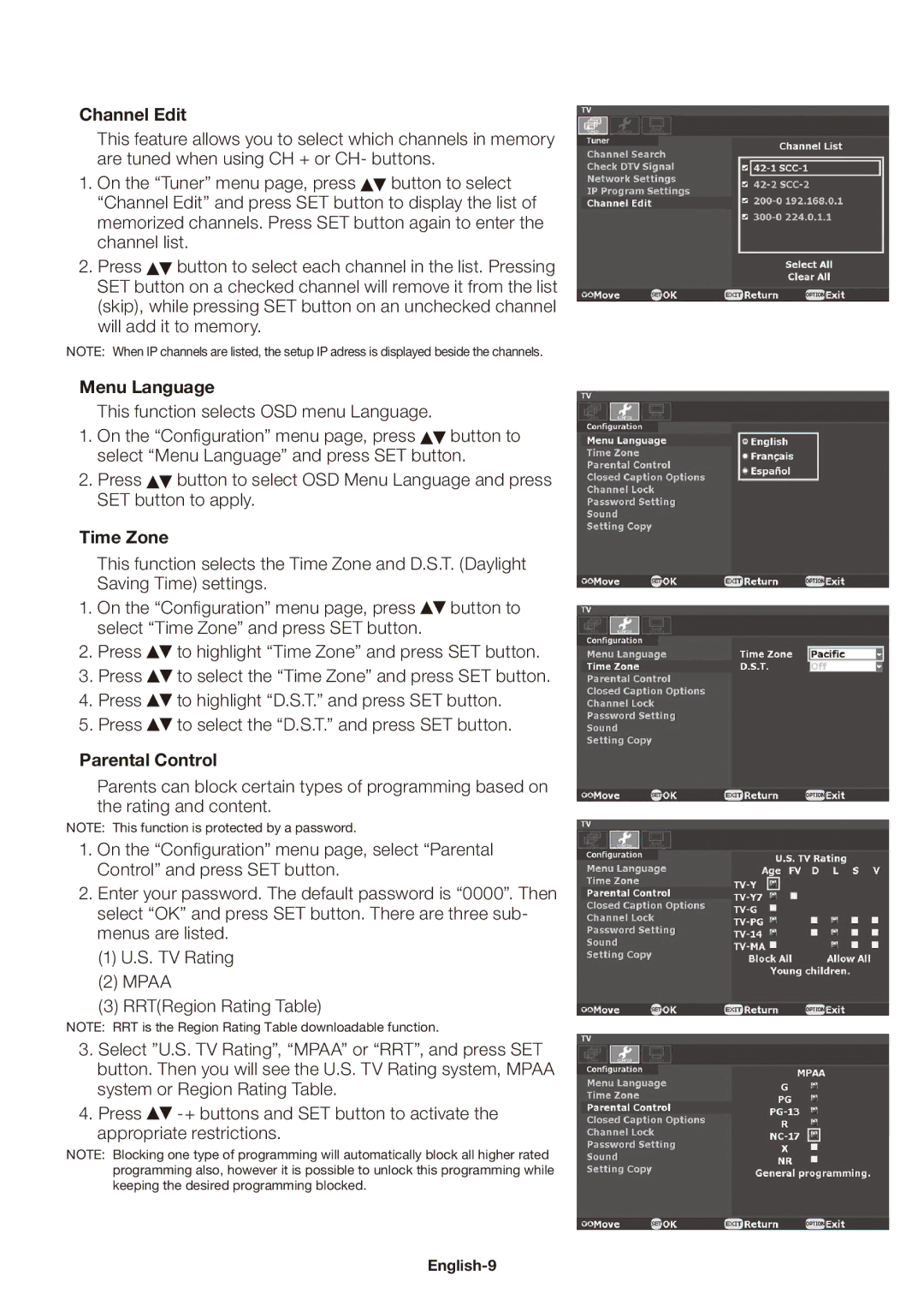 NEC SB-03TM user manual Channel Edit, Menu Language, Time Zone, Parental Control 