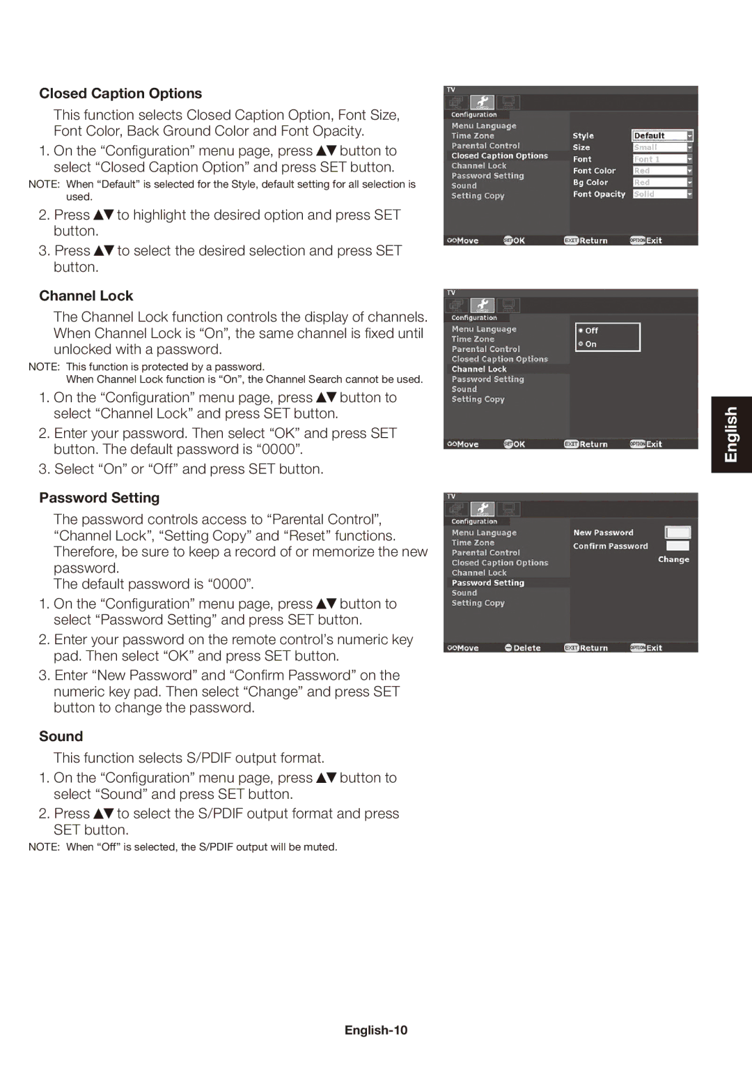 NEC SB-03TM user manual Closed Caption Options, Channel Lock, Password Setting, Sound 