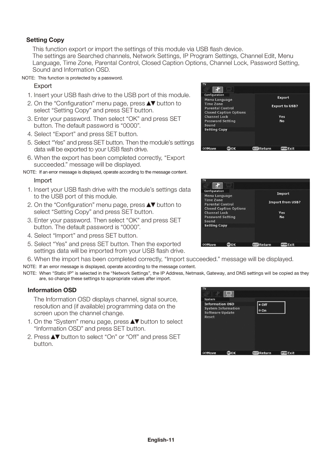 NEC SB-03TM user manual Setting Copy, Information OSD 