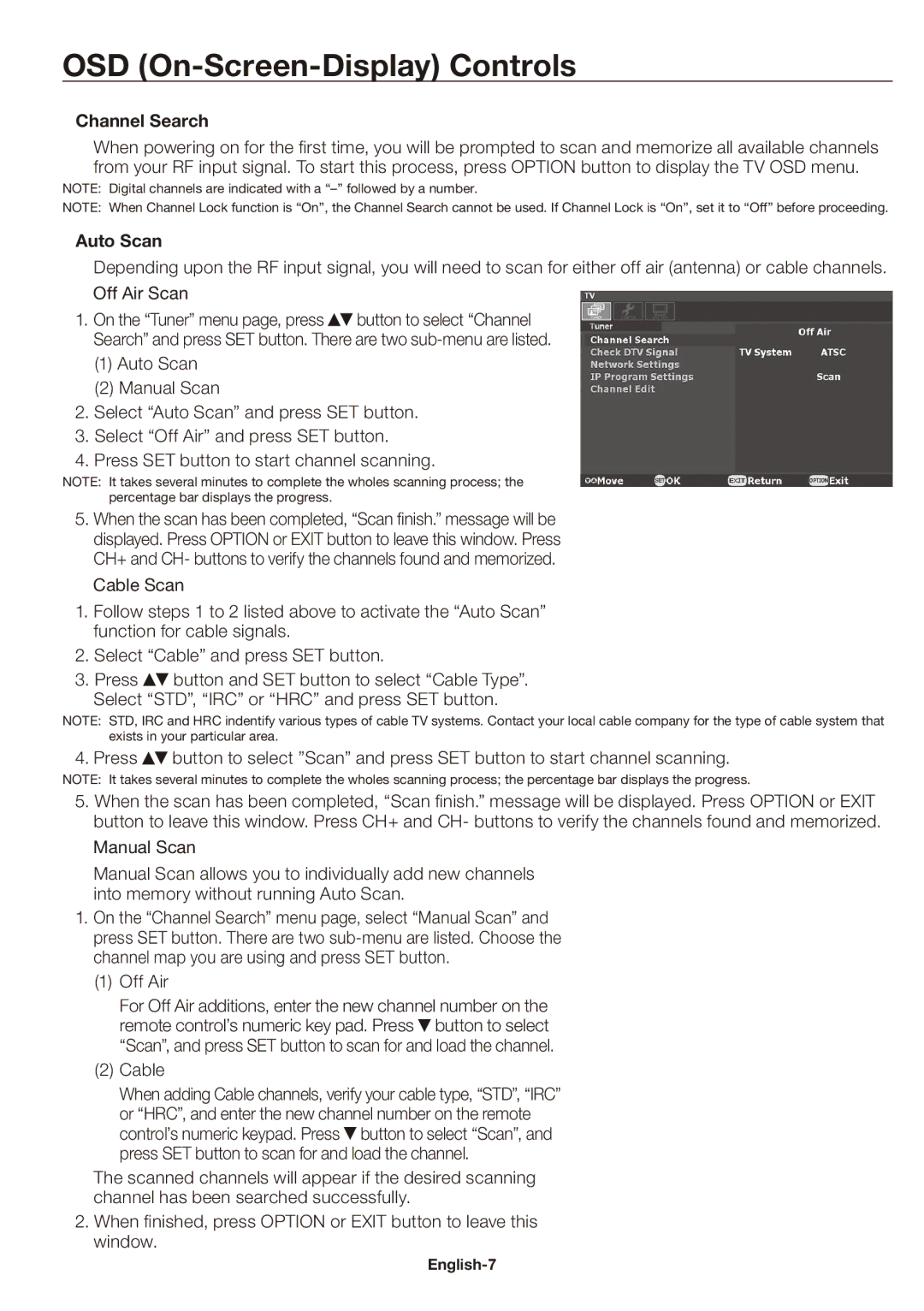 NEC SB-03TM user manual OSD On-Screen-Display Controls, Channel Search, Auto Scan 