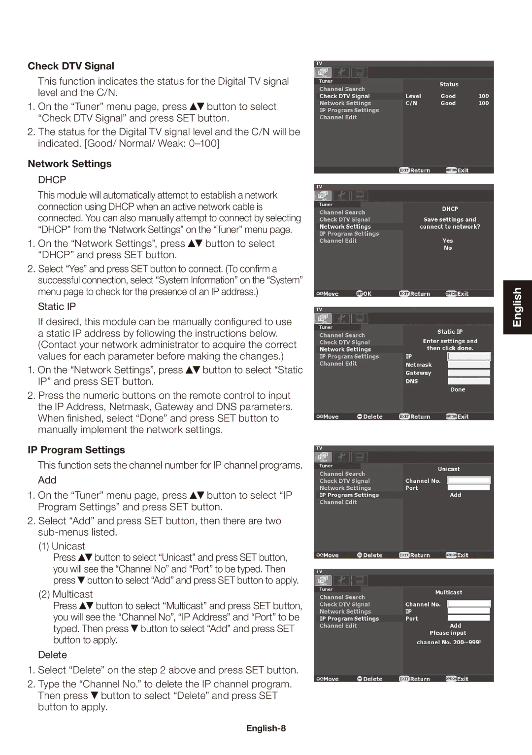 NEC SB-03TM user manual Check DTV Signal, Network Settings, IP Program Settings 