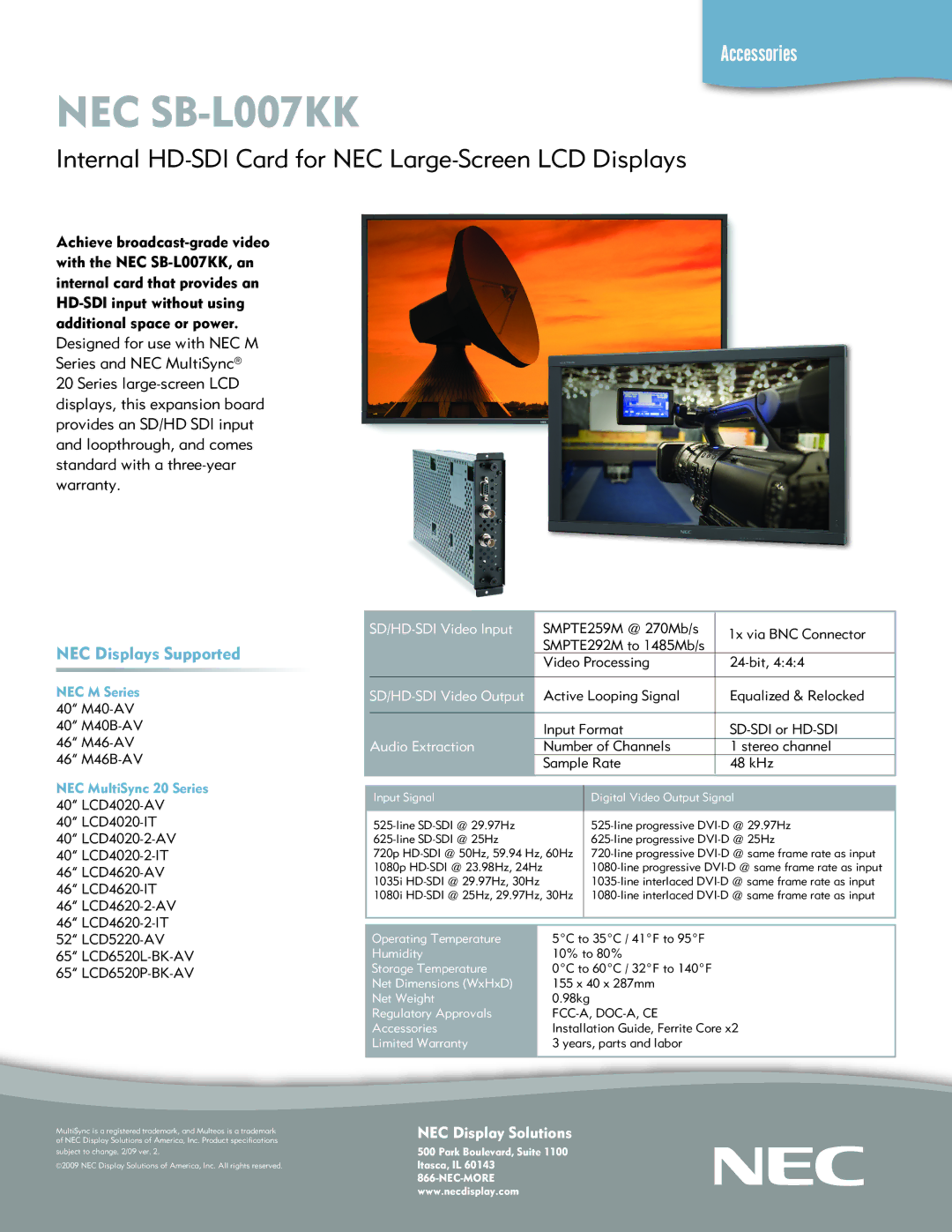 NEC warranty NEC SB-L007KK, Internal HD-SDI Card for NEC Large-Screen LCD Displays, NEC Displays Supported 