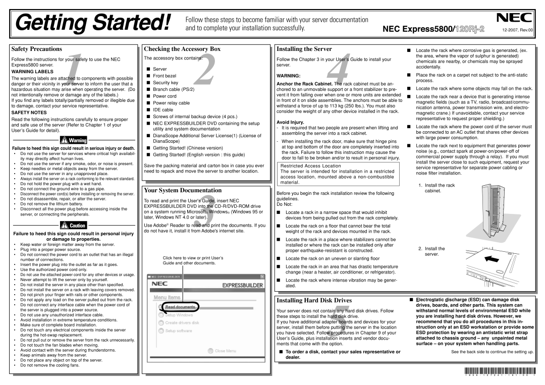 NEC set810 manual Safety Precautions, Checking the Accessory Box, Your System Documentation, Installing the Server 