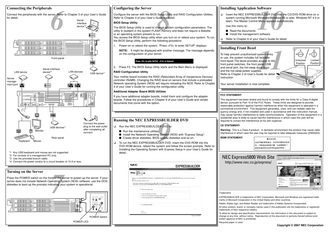 NEC set810 Connecting the Peripherals, Configuring the Server, Installing Application Software, Installing Front Bezel 