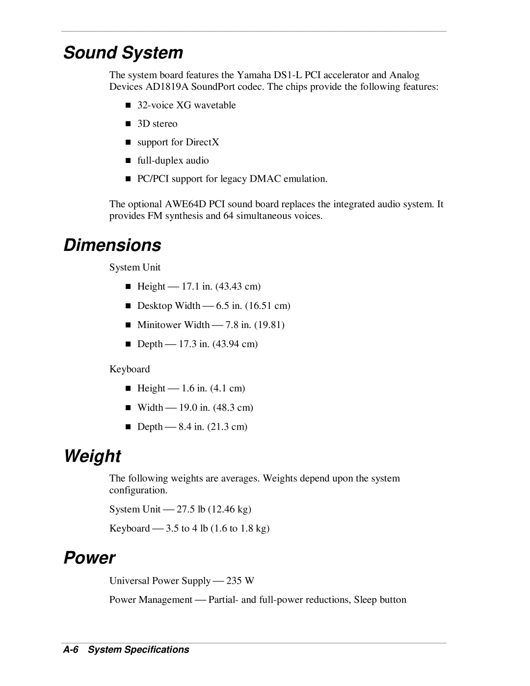 NEC SP B-Series manual Sound System, Dimensions, Weight, Power 