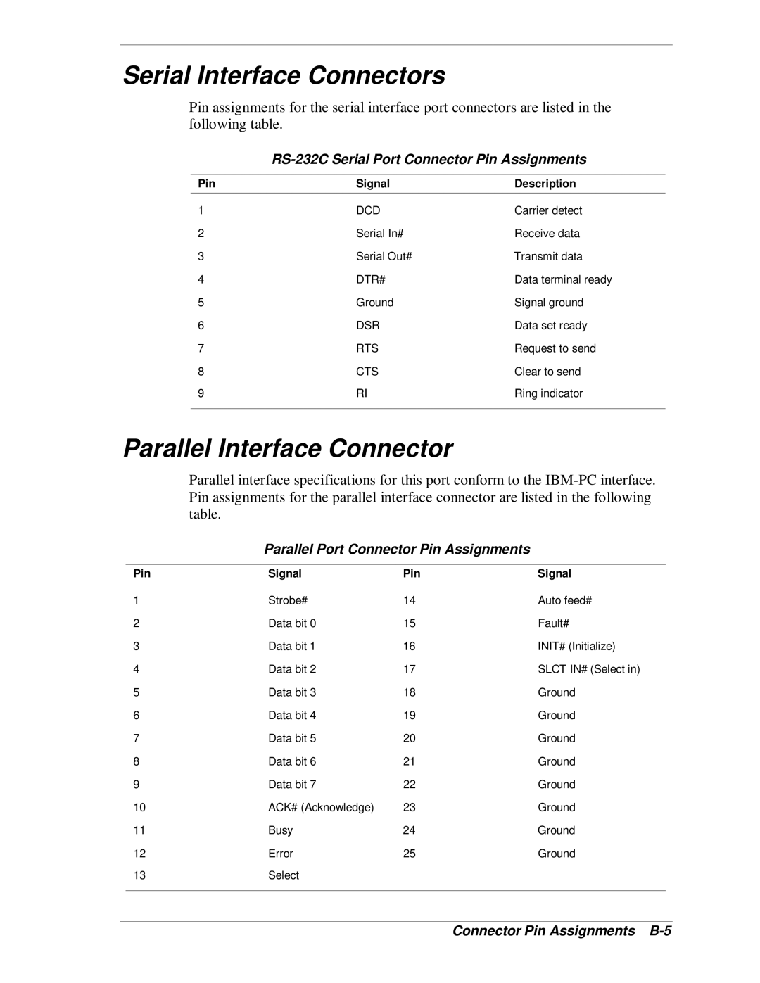 NEC SP B-Series Serial Interface Connectors, Parallel Interface Connector, RS-232C Serial Port Connector Pin Assignments 