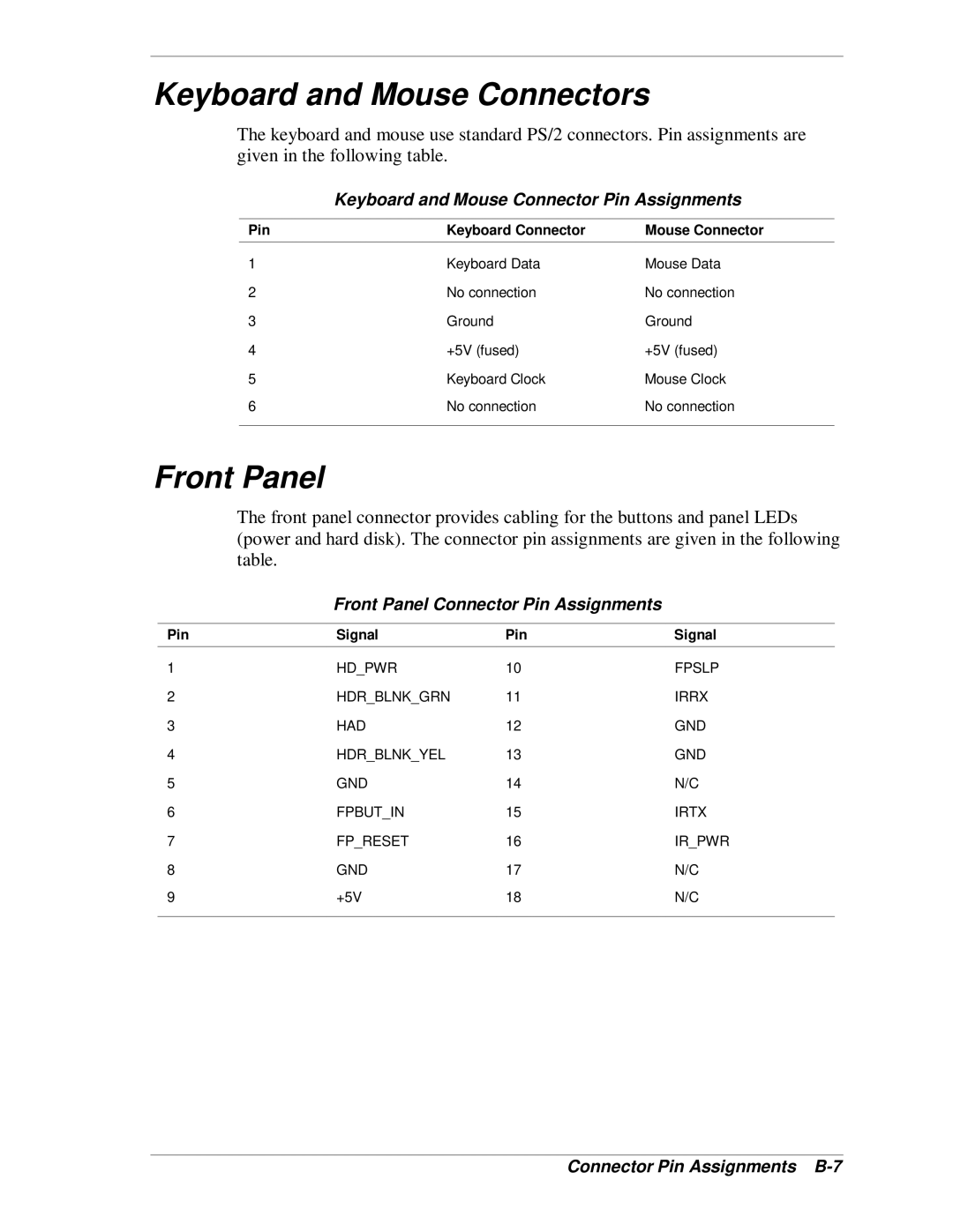 NEC SP B-Series manual Keyboard and Mouse Connectors, Front Panel, Keyboard and Mouse Connector Pin Assignments 