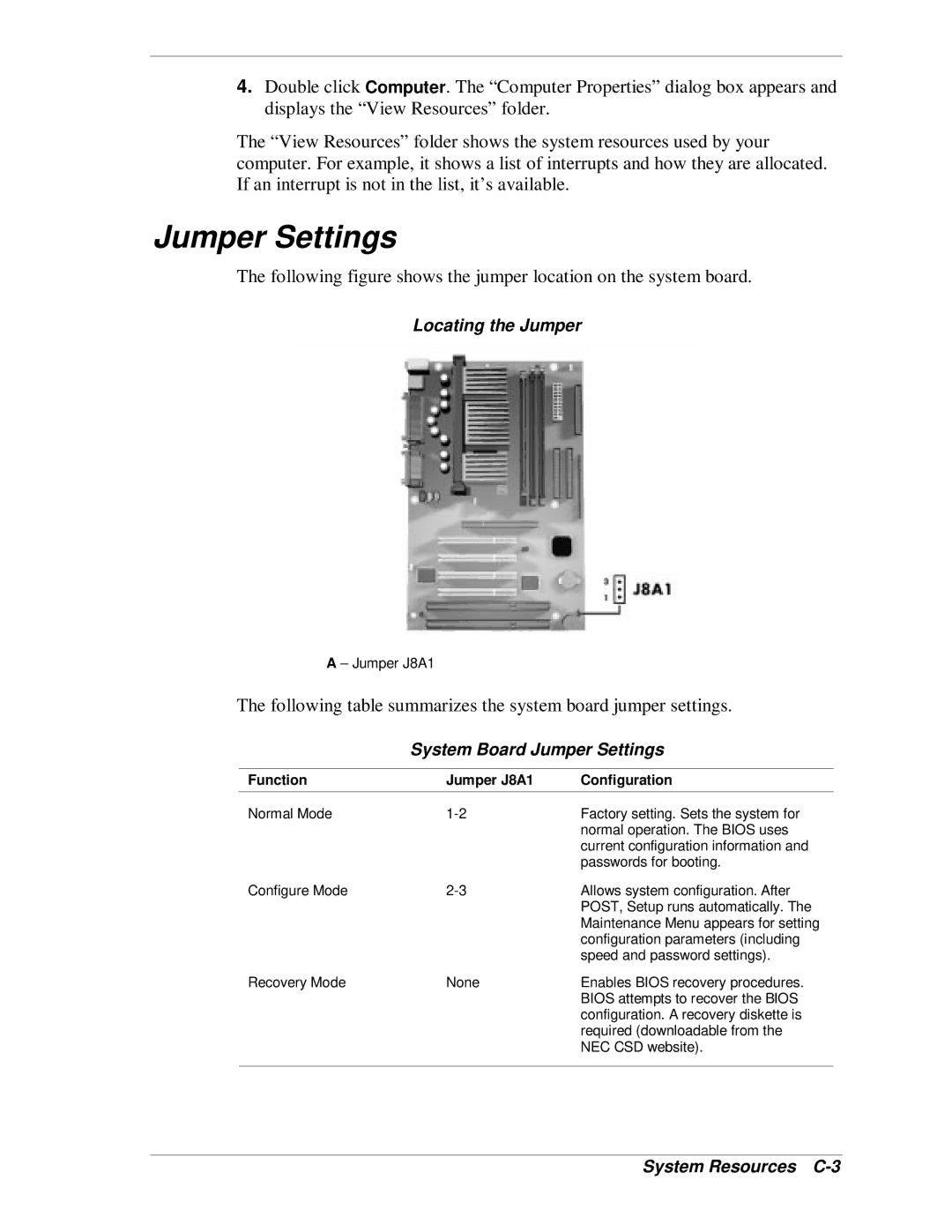 NEC SP B-Series manual Locating the Jumper, System Board Jumper Settings, System Resources C-3 