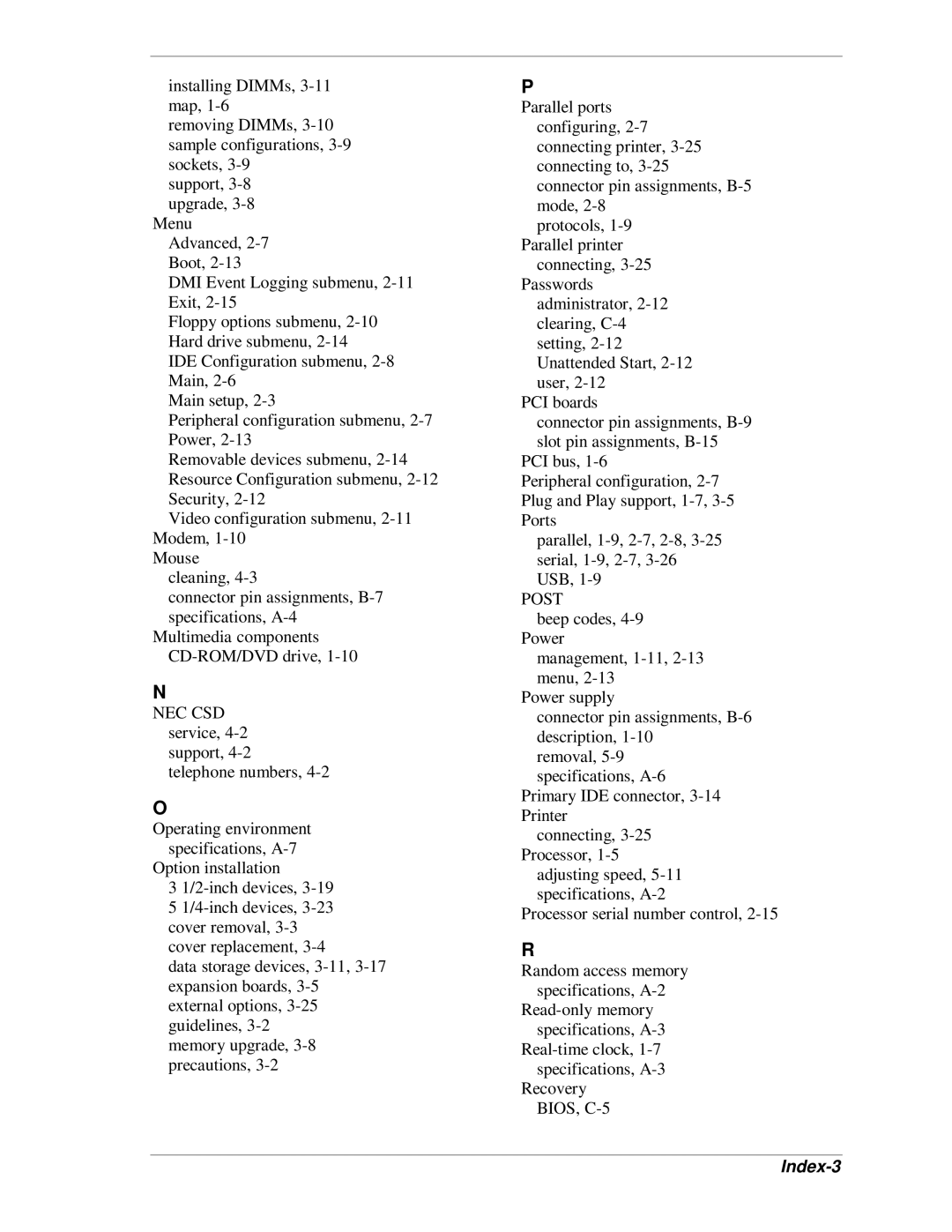 NEC SP B-Series manual Post, Index-3 