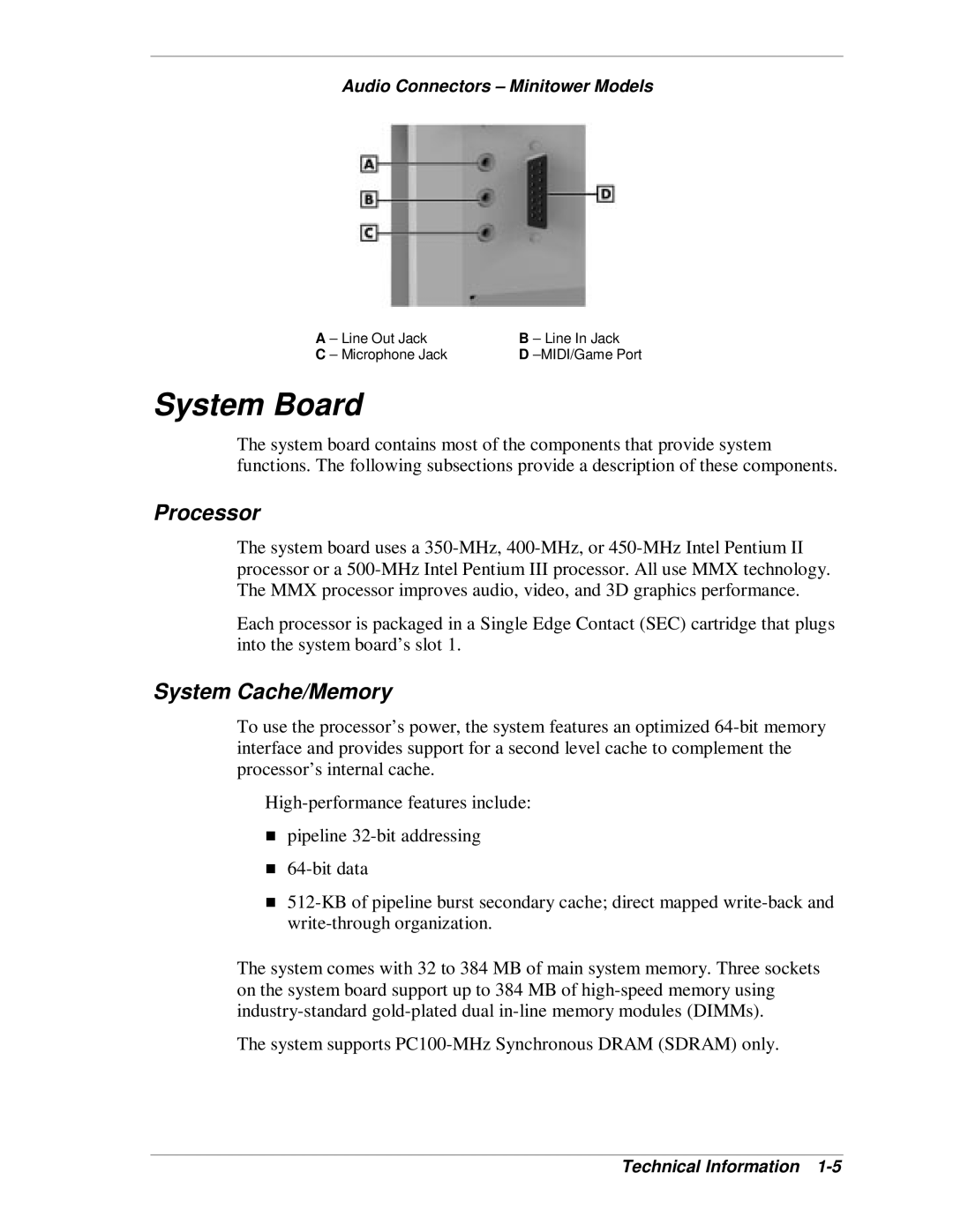 NEC SP B-Series manual System Board, Processor, System Cache/Memory, Audio Connectors Minitower Models 