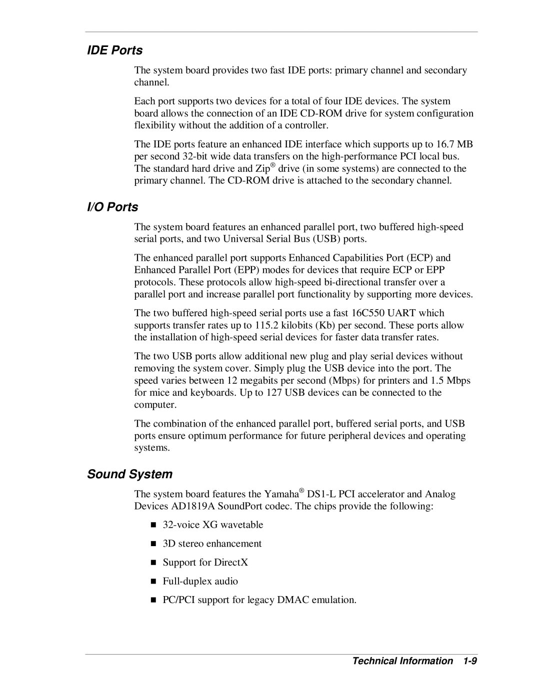 NEC SP B-Series manual IDE Ports, Sound System 