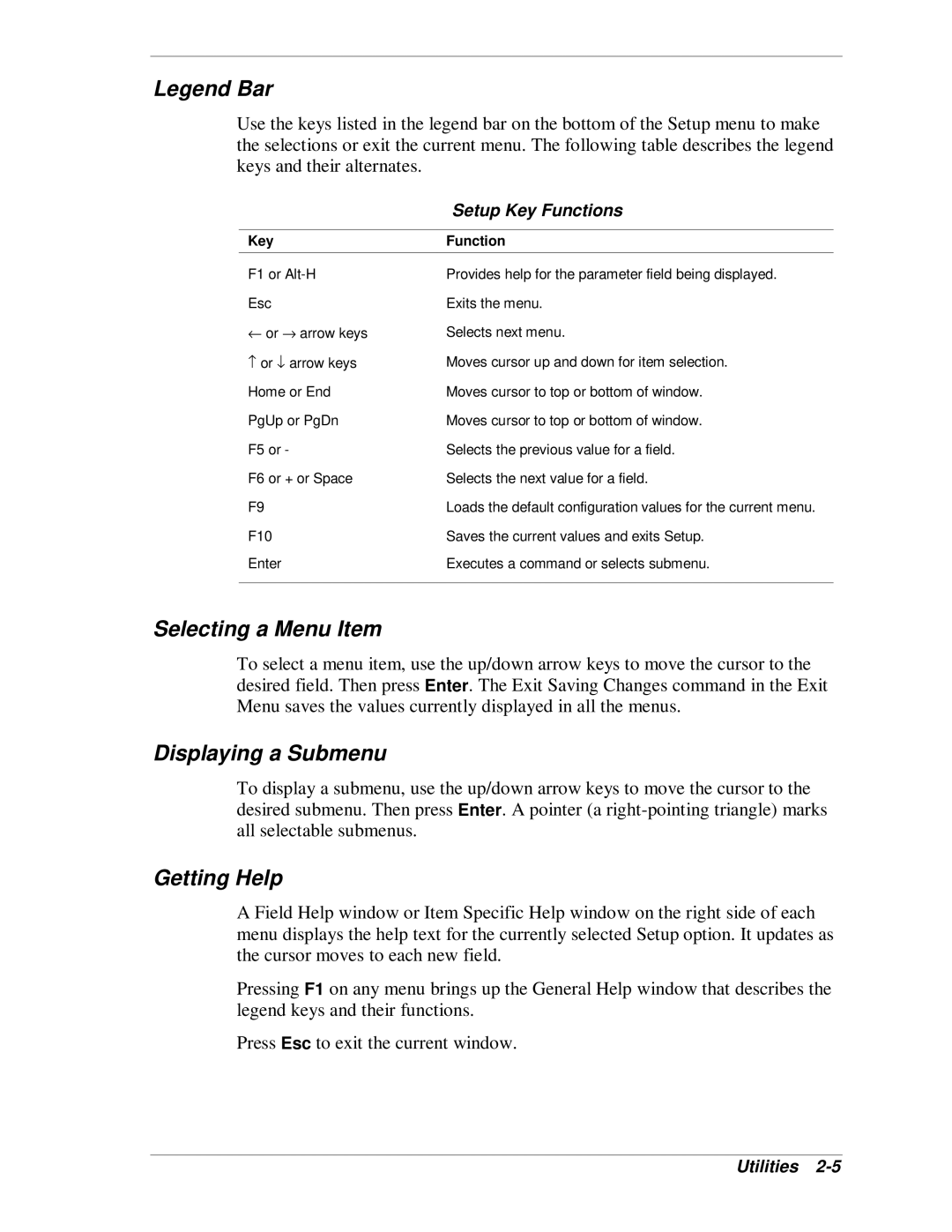 NEC SP B-Series manual Selecting a Menu Item, Displaying a Submenu, Getting Help, Setup Key Functions 