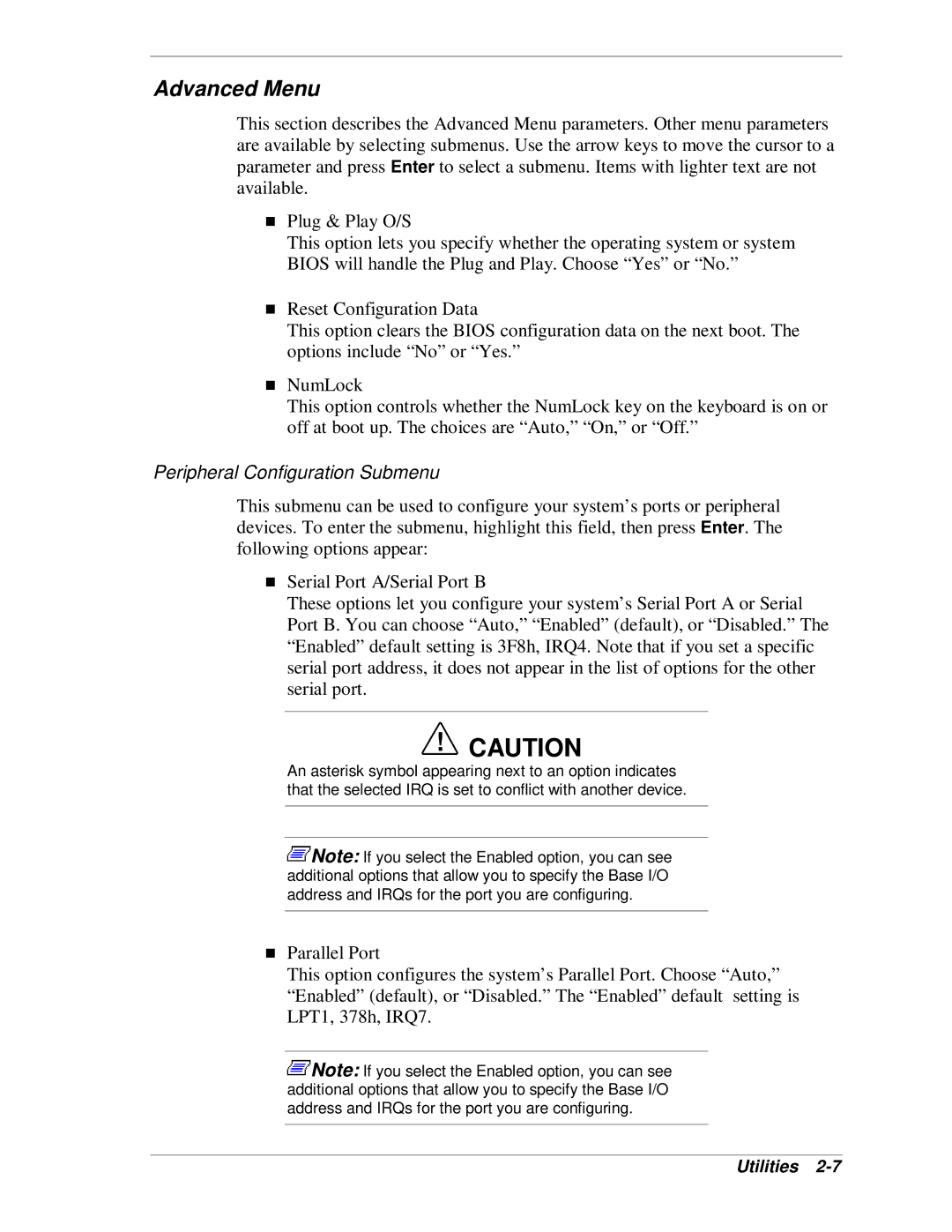 NEC SP B-Series manual Advanced Menu, Peripheral Configuration Submenu 