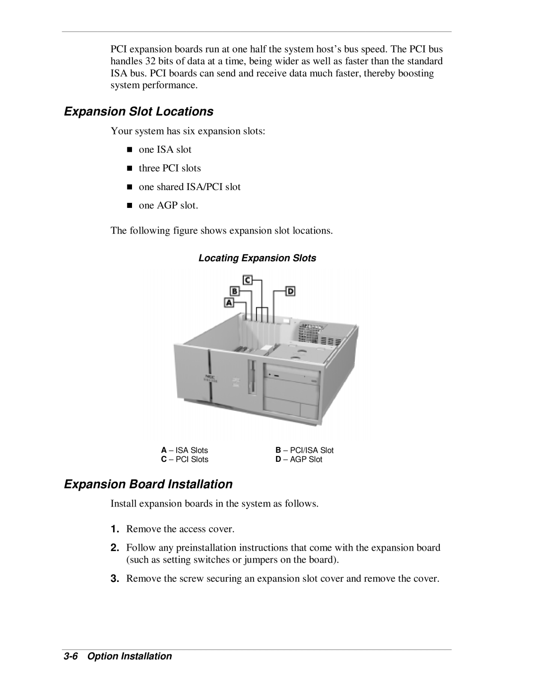 NEC SP B-Series manual Expansion Slot Locations, Expansion Board Installation, Locating Expansion Slots 