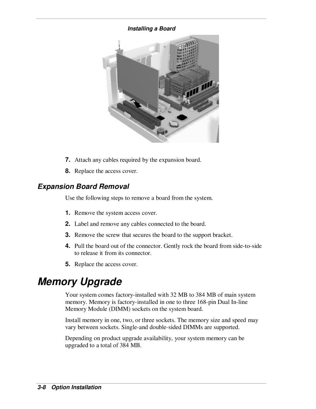 NEC SP B-Series manual Memory Upgrade, Expansion Board Removal, Installing a Board 