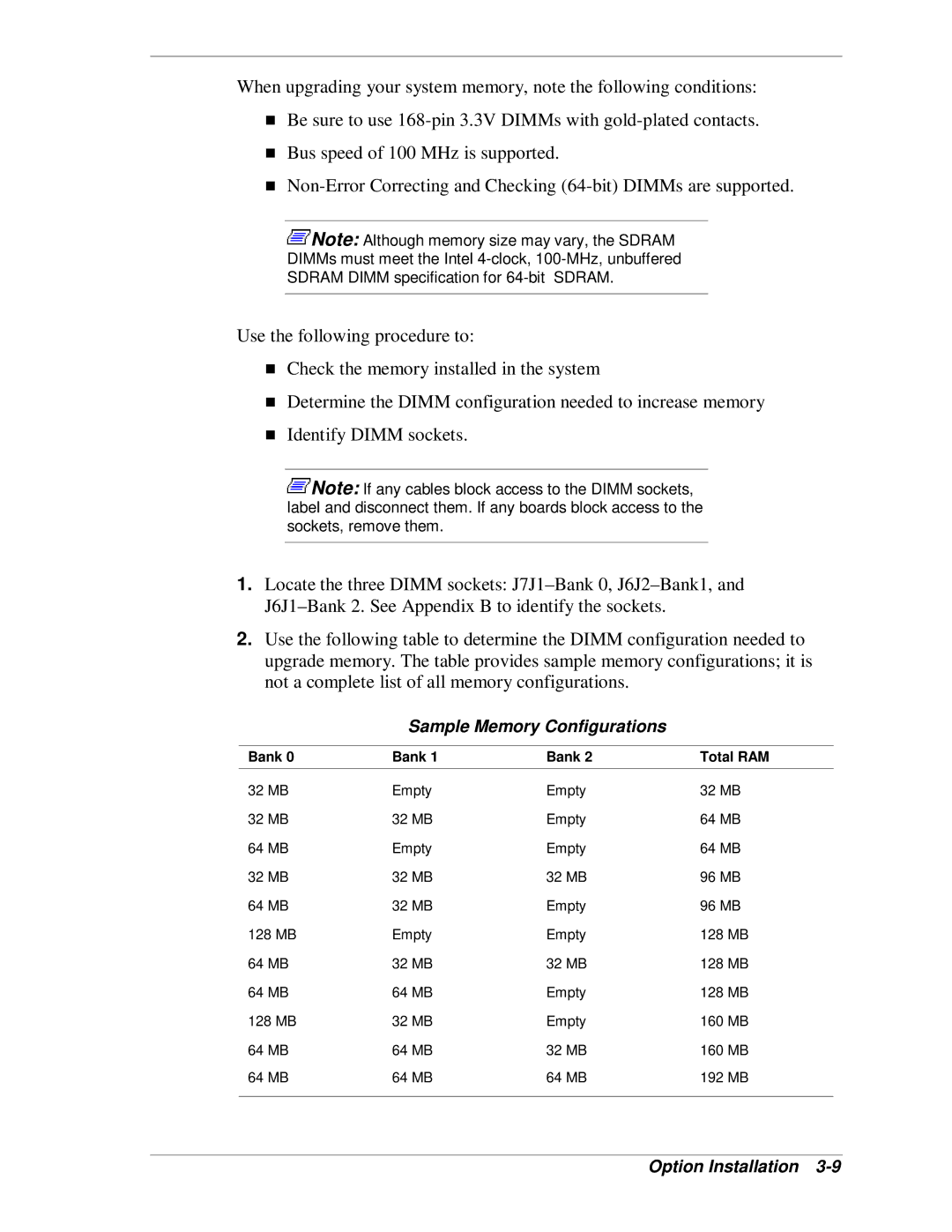 NEC SP B-Series manual Sample Memory Configurations, Bank Total RAM 