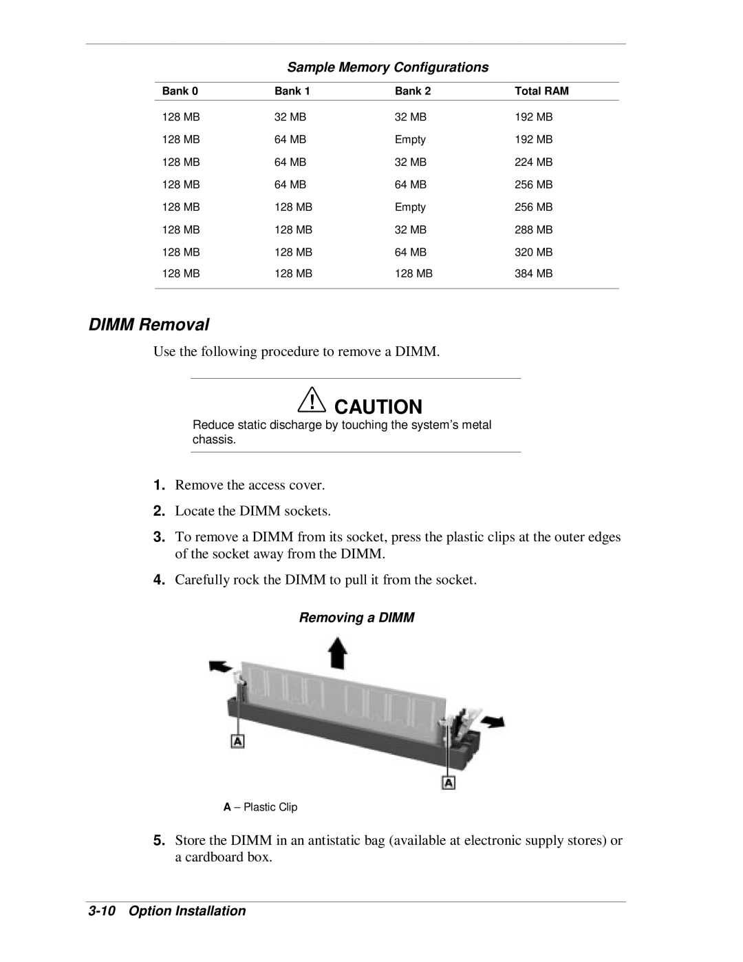 NEC SP B-Series manual Dimm Removal, Removing a Dimm 