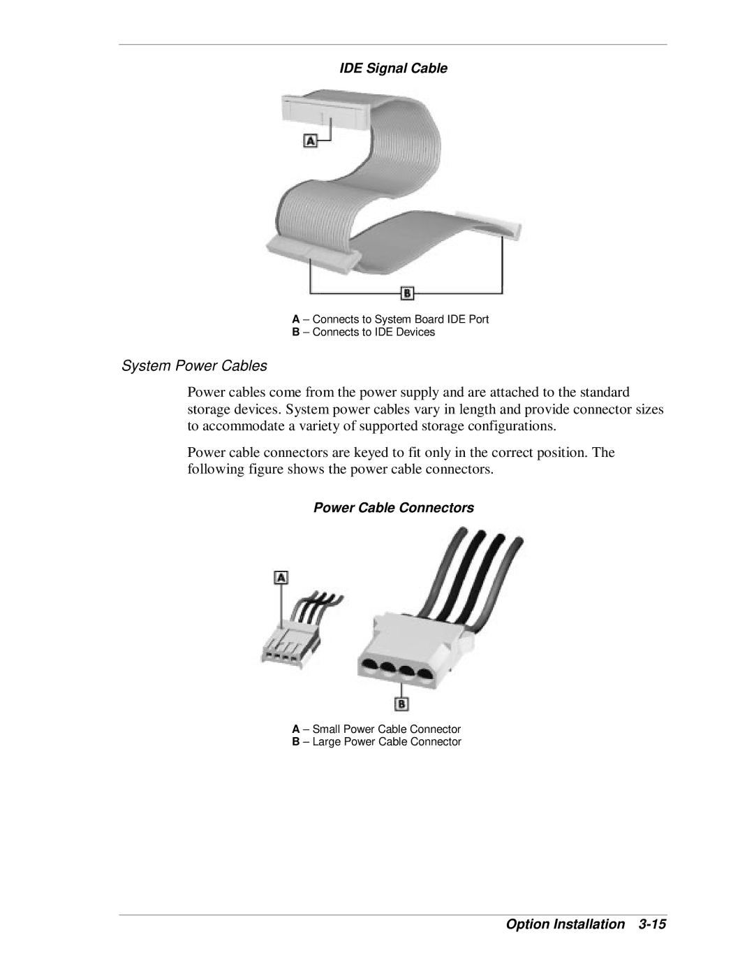 NEC SP B-Series manual System Power Cables, IDE Signal Cable, Power Cable Connectors 