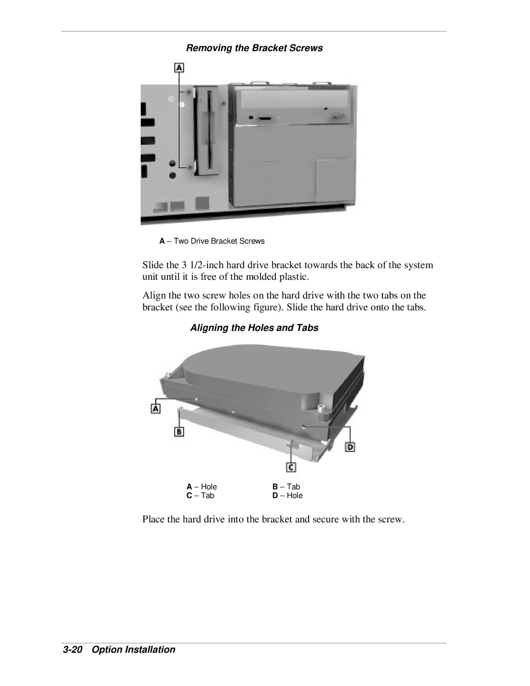 NEC SP B-Series manual Removing the Bracket Screws, Aligning the Holes and Tabs, Hole Tab 