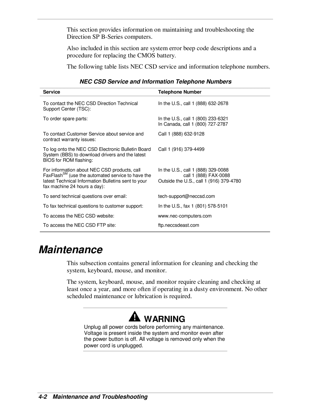 NEC SP B-Series manual NEC CSD Service and Information Telephone Numbers, Maintenance and Troubleshooting 