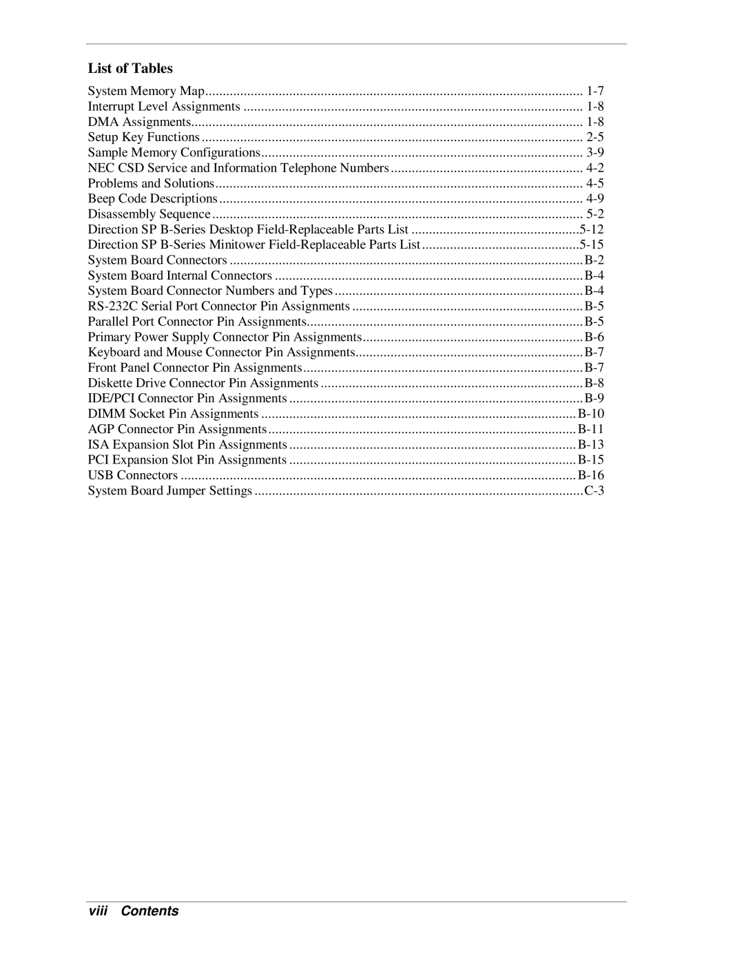 NEC SP B-Series manual List of Tables, Viii Contents 