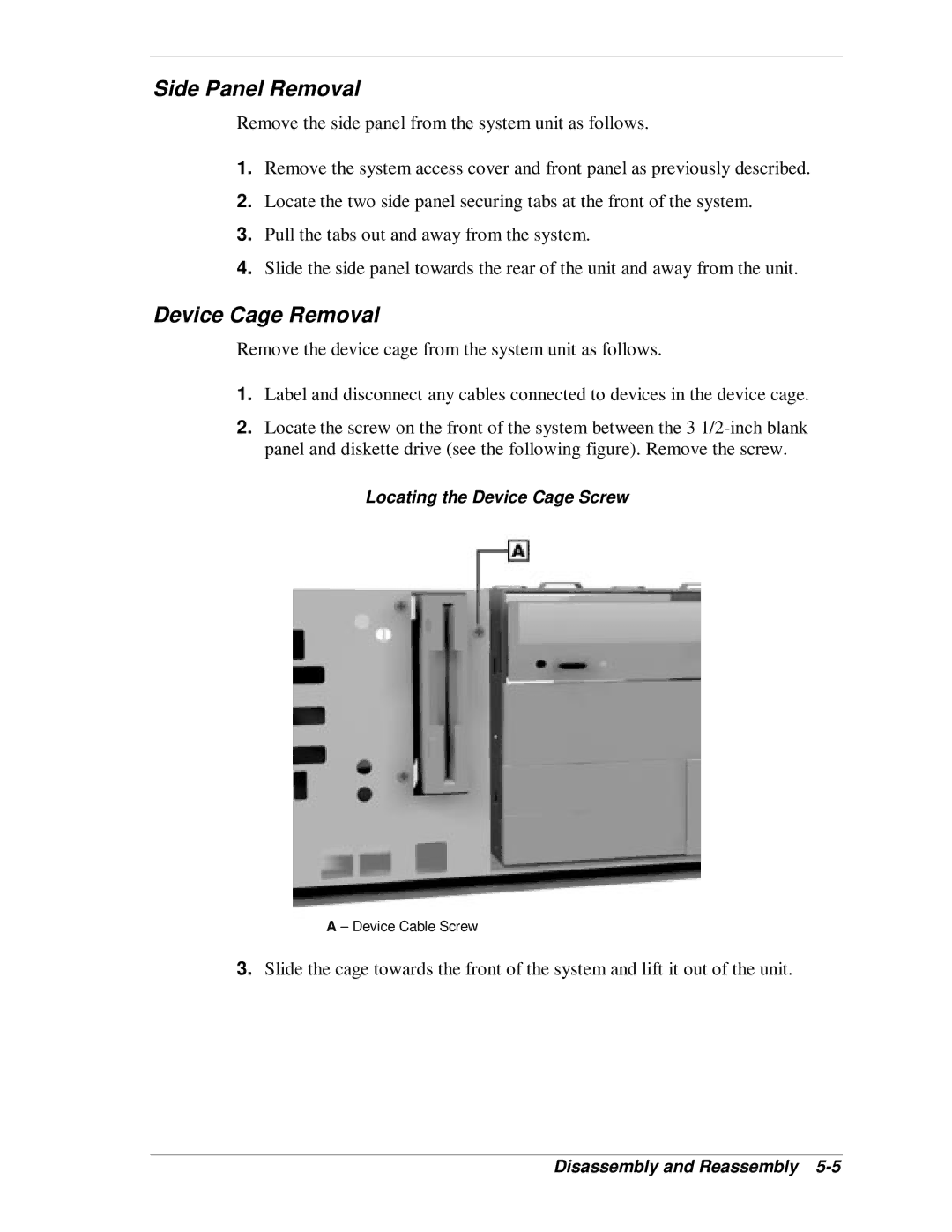 NEC SP B-Series manual Side Panel Removal, Device Cage Removal 