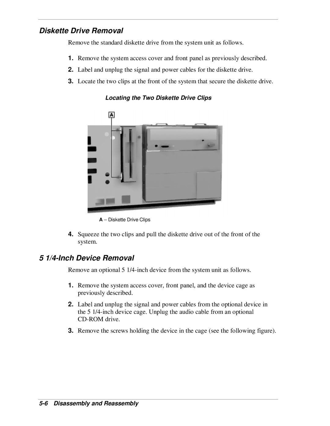 NEC SP B-Series manual Diskette Drive Removal, Inch Device Removal, Locating the Two Diskette Drive Clips 