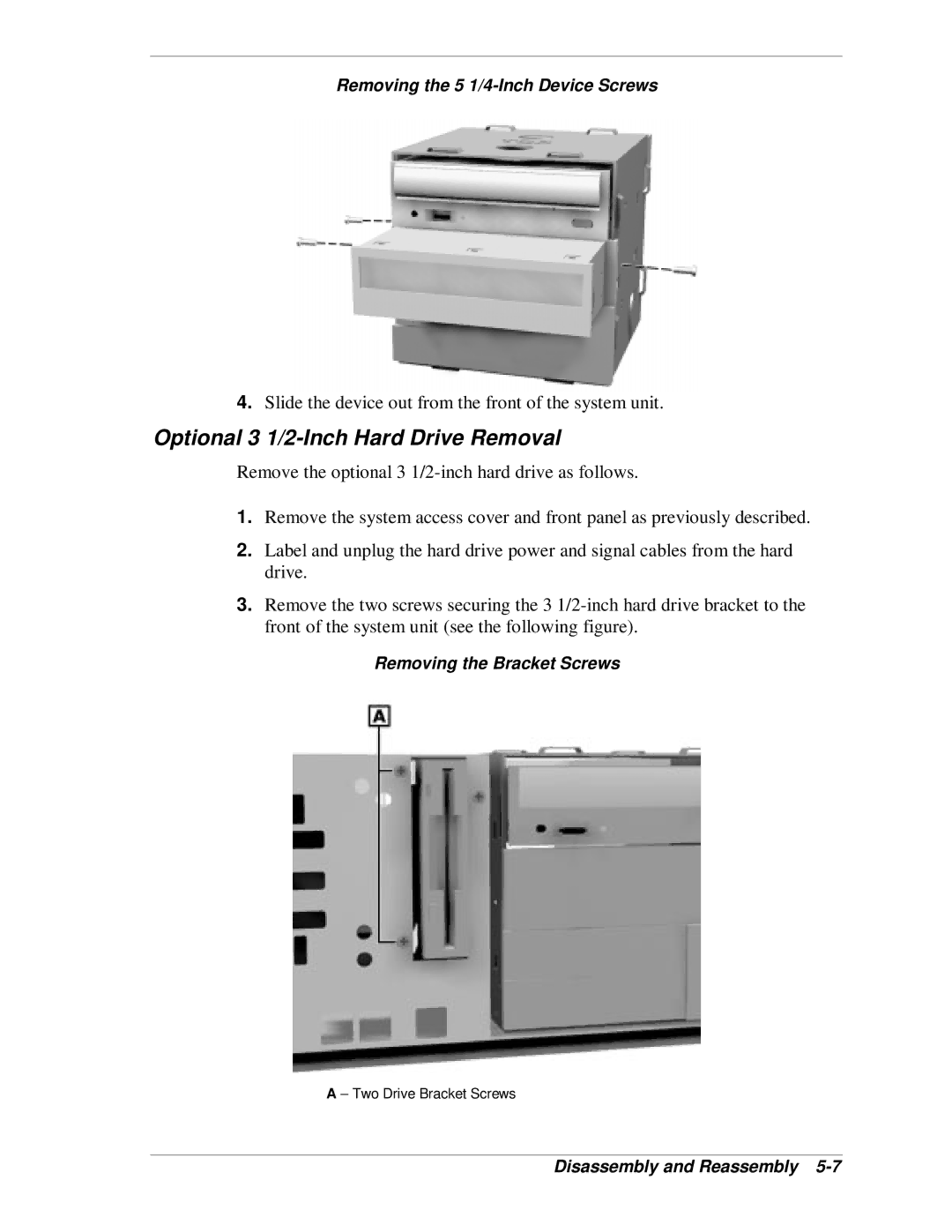 NEC SP B-Series manual Optional 3 1/2-Inch Hard Drive Removal, Removing the 5 1/4-Inch Device Screws 