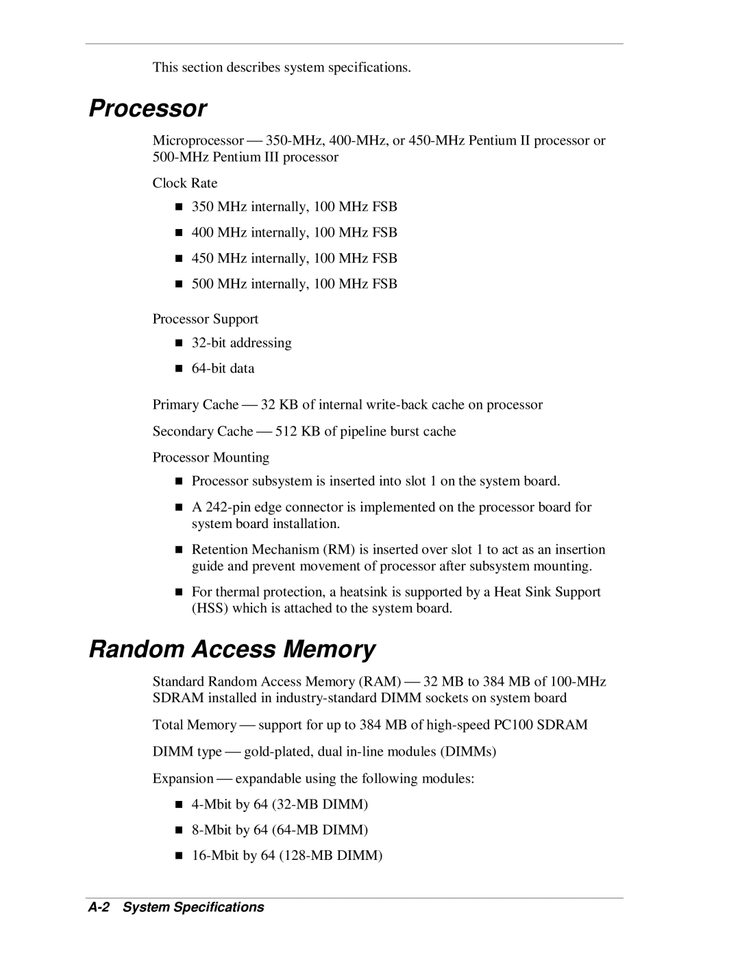 NEC SP B-Series manual Processor, Random Access Memory, System Specifications 