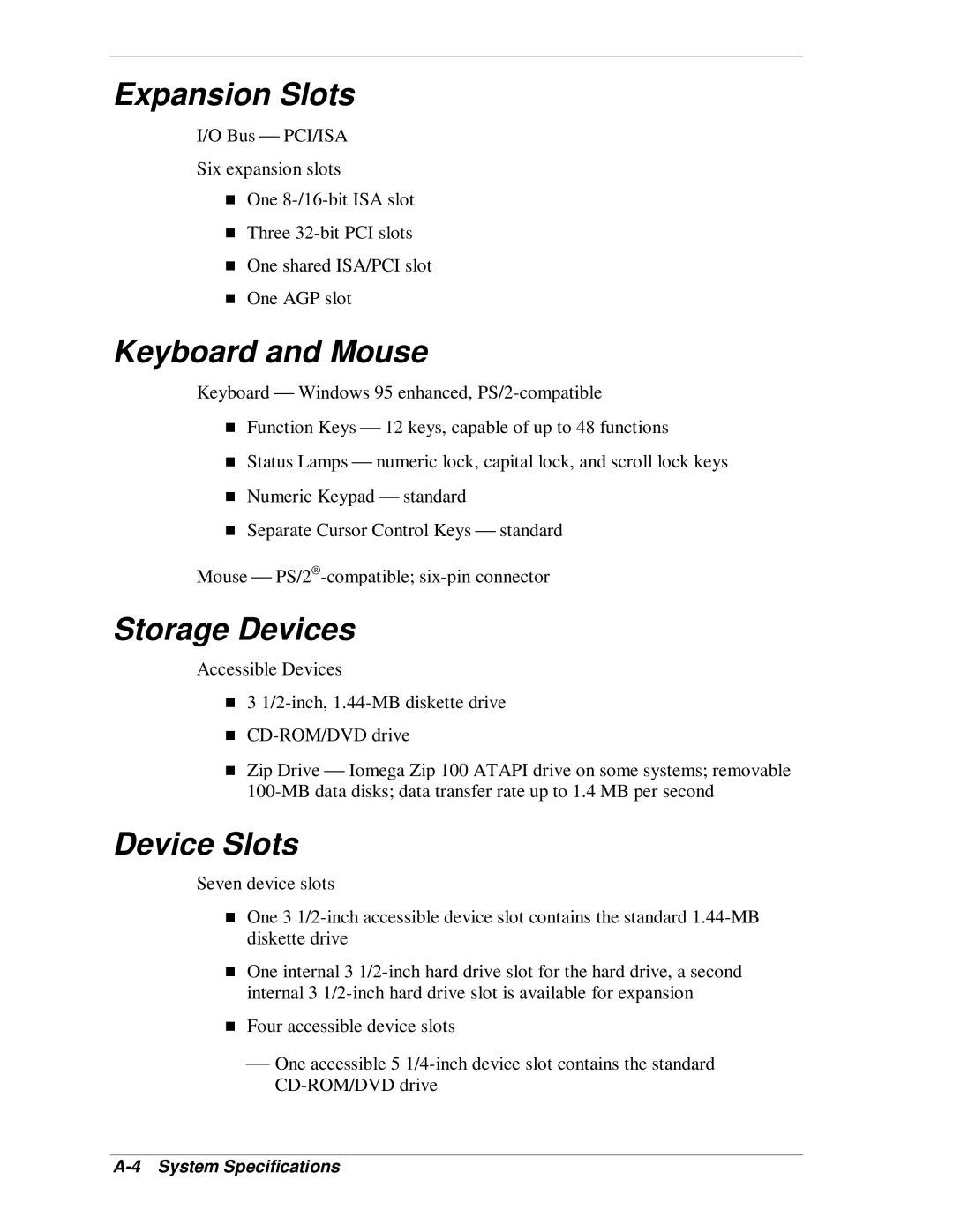 NEC SP B-Series manual Expansion Slots, Keyboard and Mouse, Storage Devices, Device Slots 