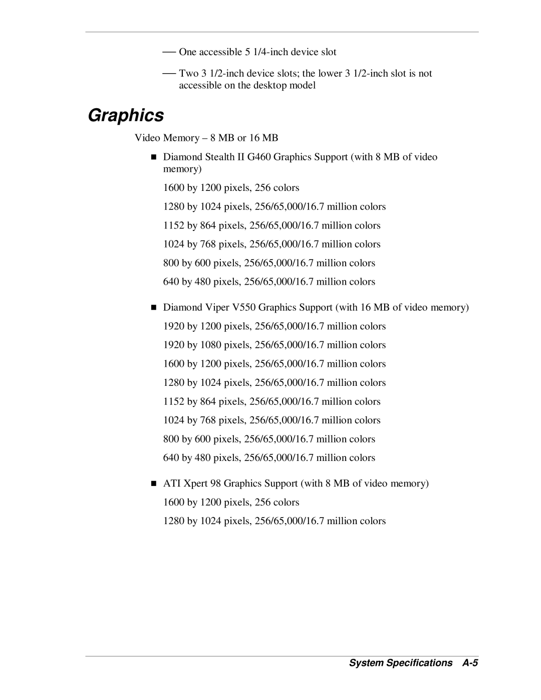 NEC SP B-Series manual Graphics, System Specifications A-5 