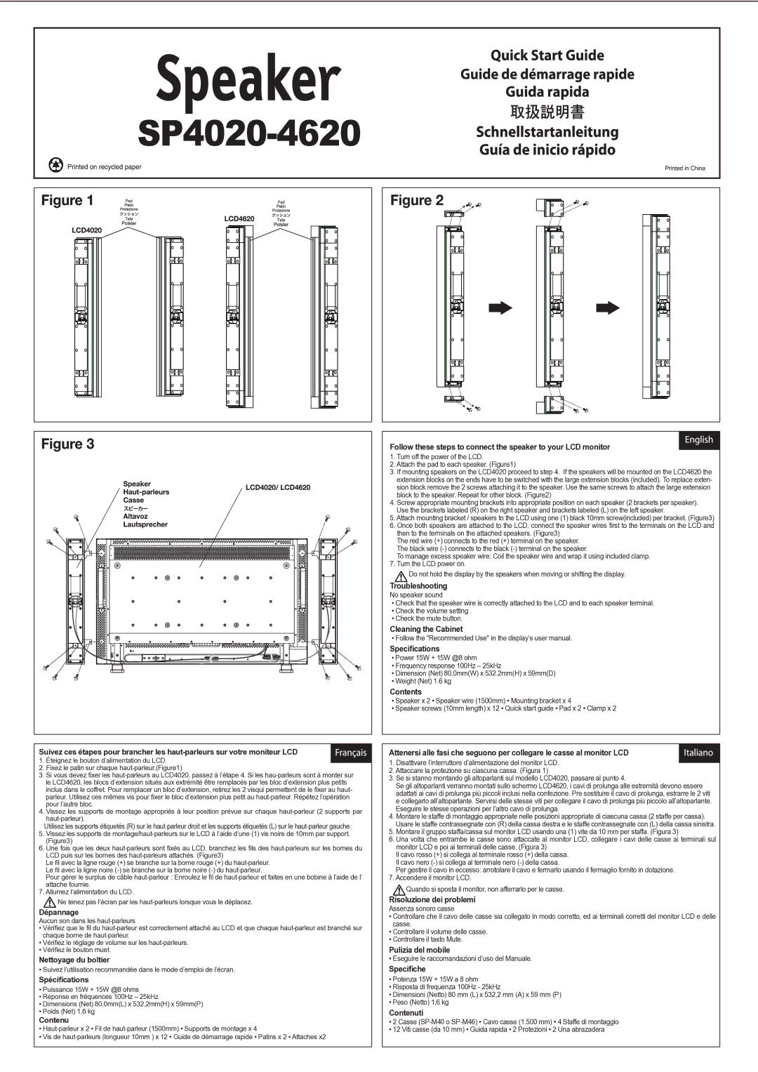 NEC SP4620, SP4020 specifications Troubleshooting, Cleaning the Cabinet Speciﬁcations, Contents, Risoluzione dei problemi 