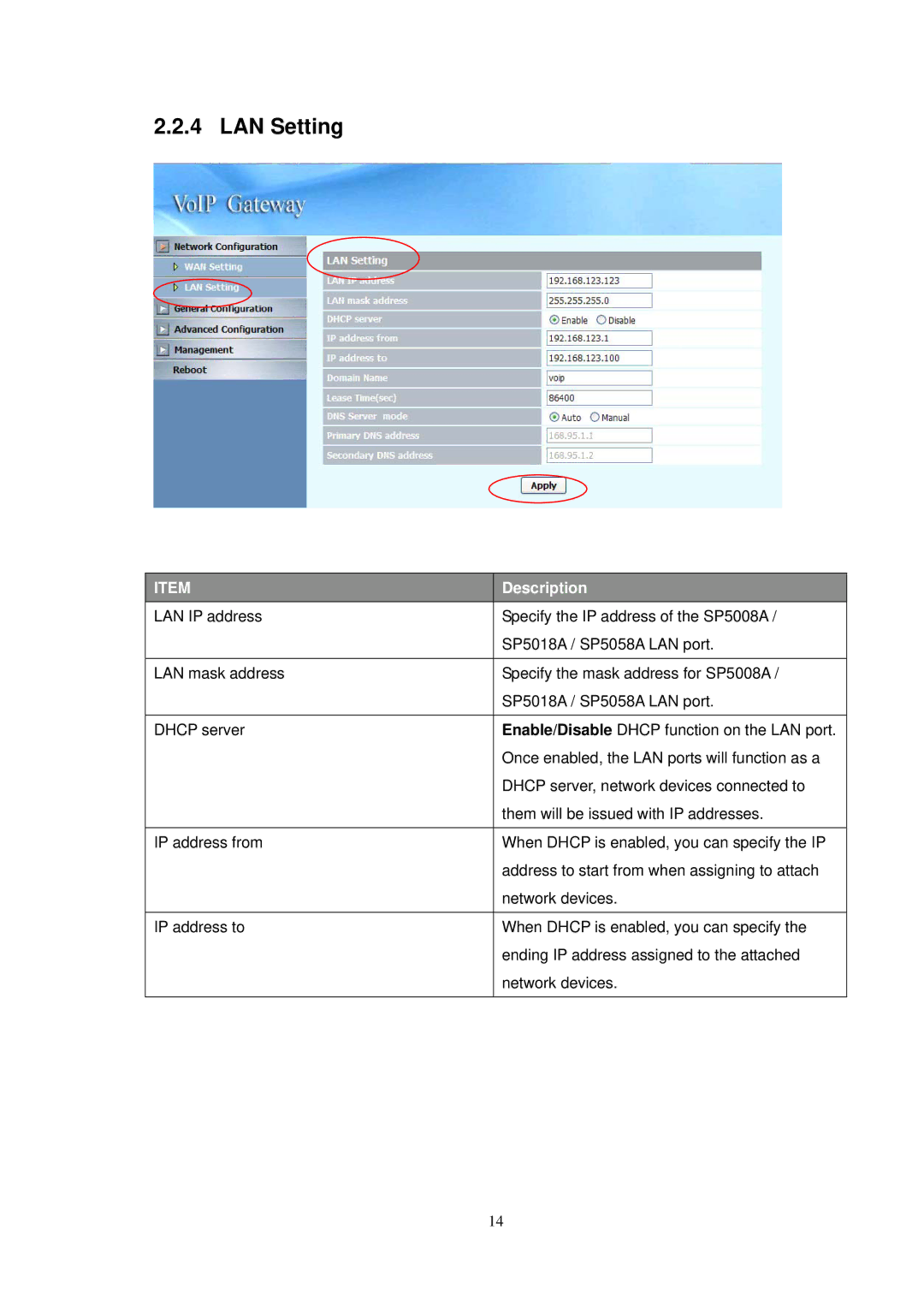 NEC SP5008A user manual LAN Setting, Description 