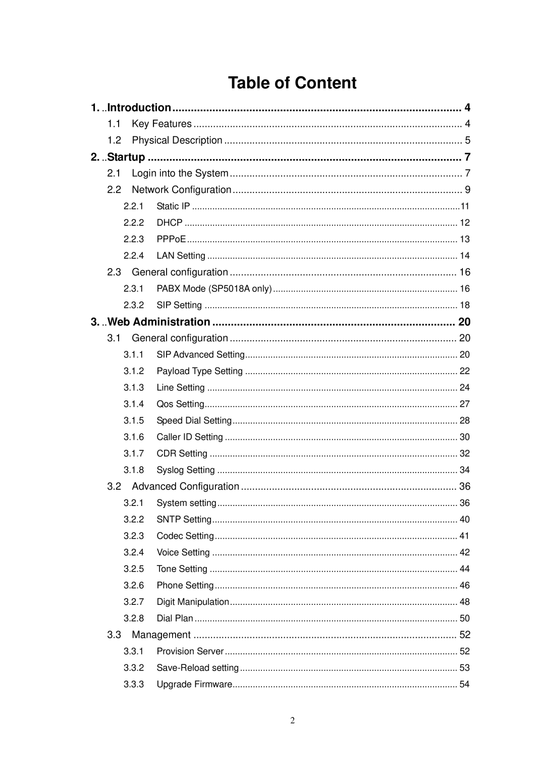 NEC SP5008A user manual Table of Content, Introduction, Startup, Web Administration 