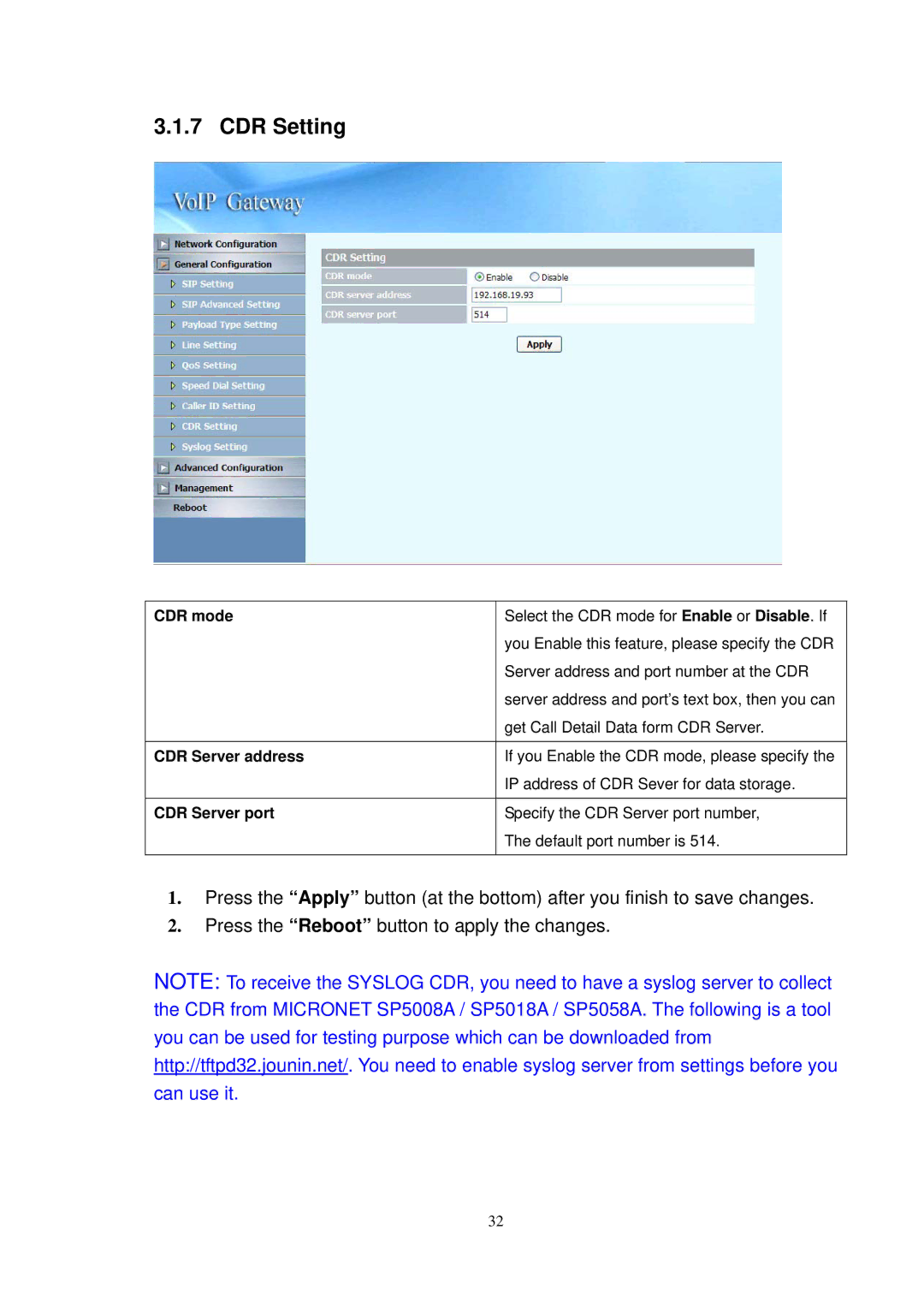 NEC SP5008A user manual CDR Setting, CDR mode CDR Server address CDR Server port 