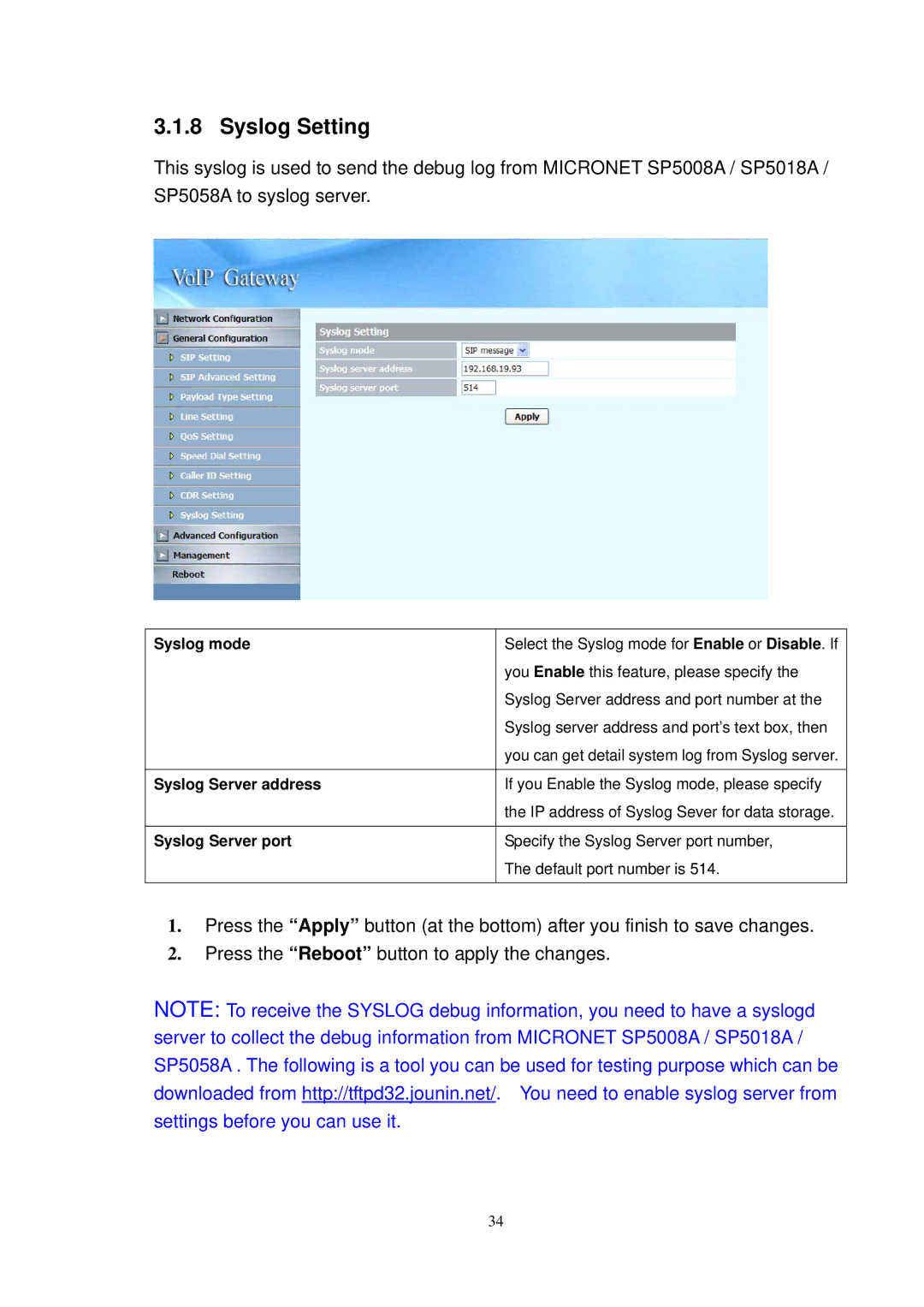 NEC SP5008A user manual Syslog Setting, Syslog mode Syslog Server address Syslog Server port 