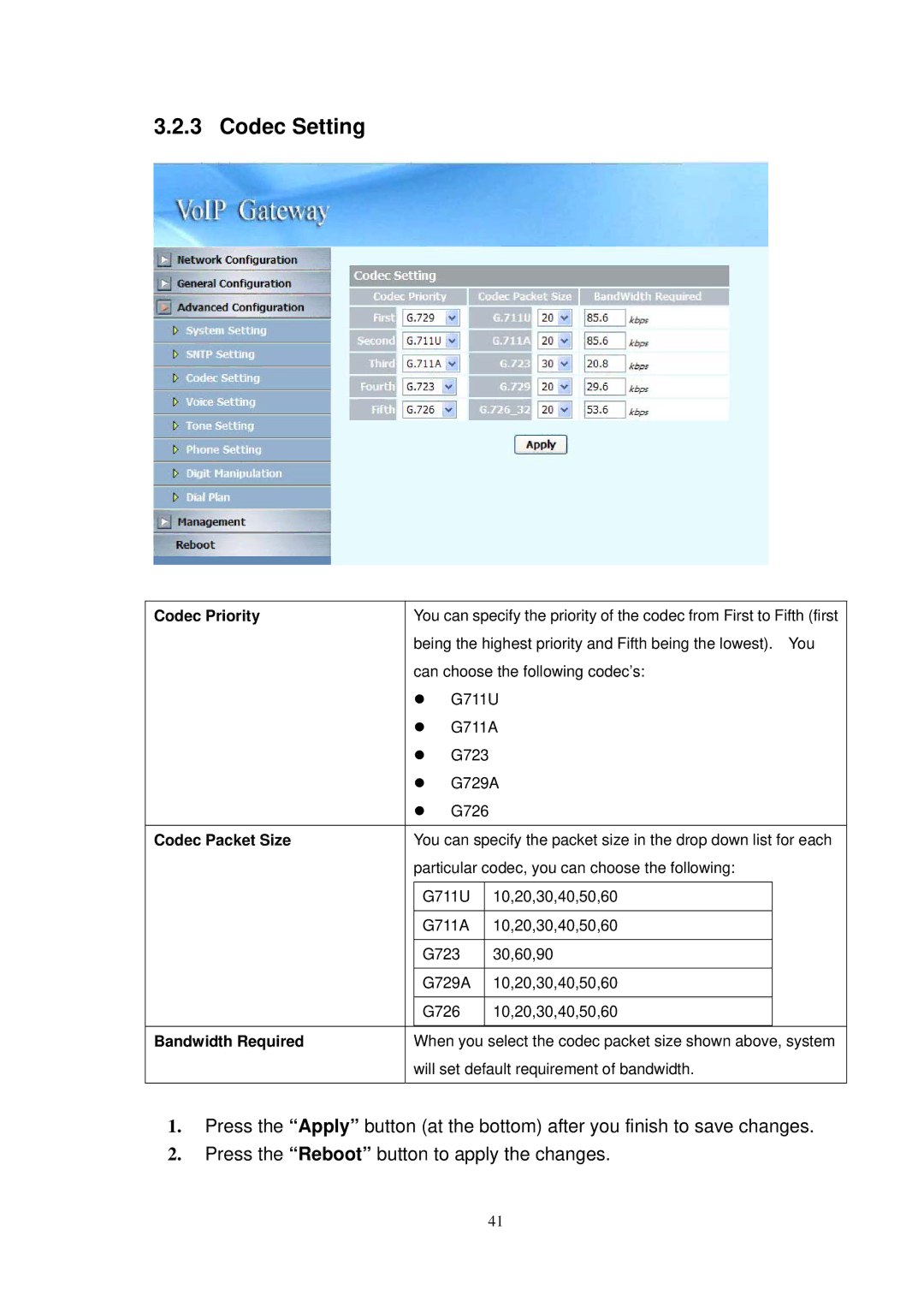 NEC SP5008A user manual Codec Setting, Codec Priority, Codec Packet Size, Bandwidth Required 