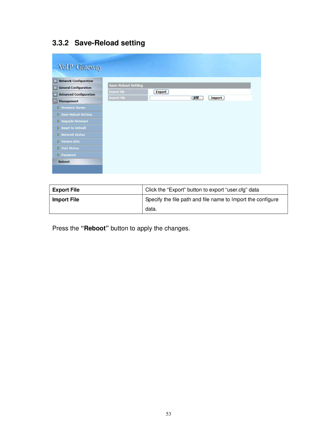 NEC SP5008A user manual Save-Reload setting, Export File Import File 