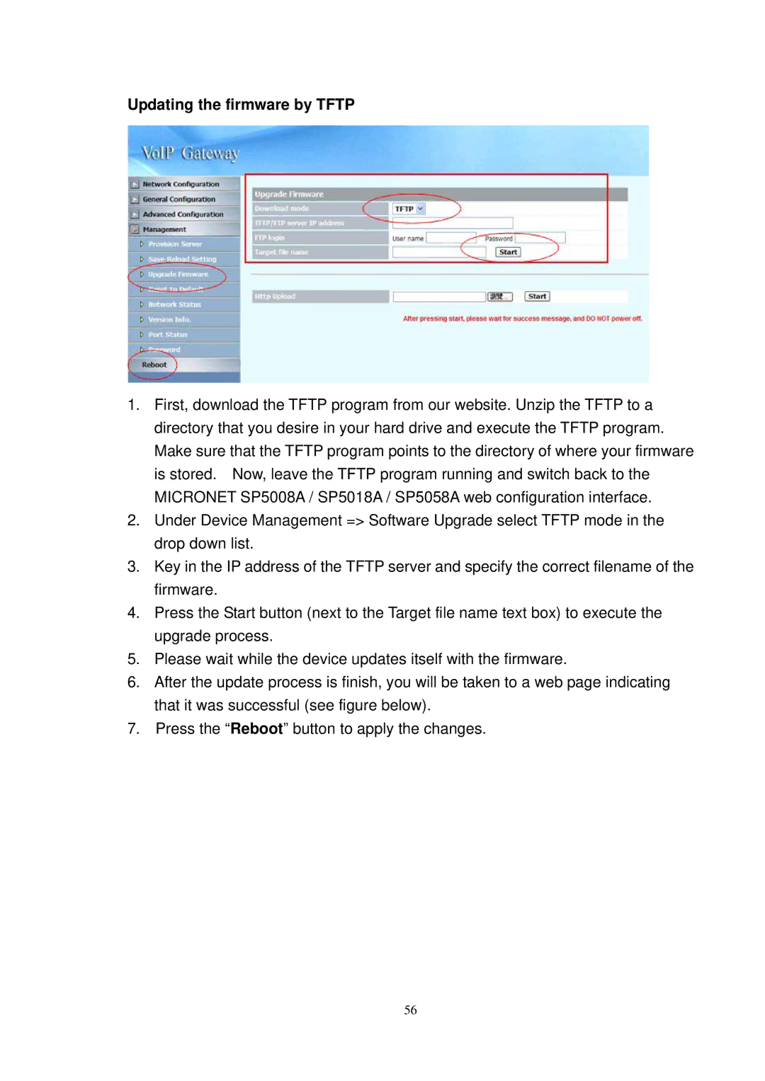 NEC SP5008A user manual Updating the firmware by Tftp 