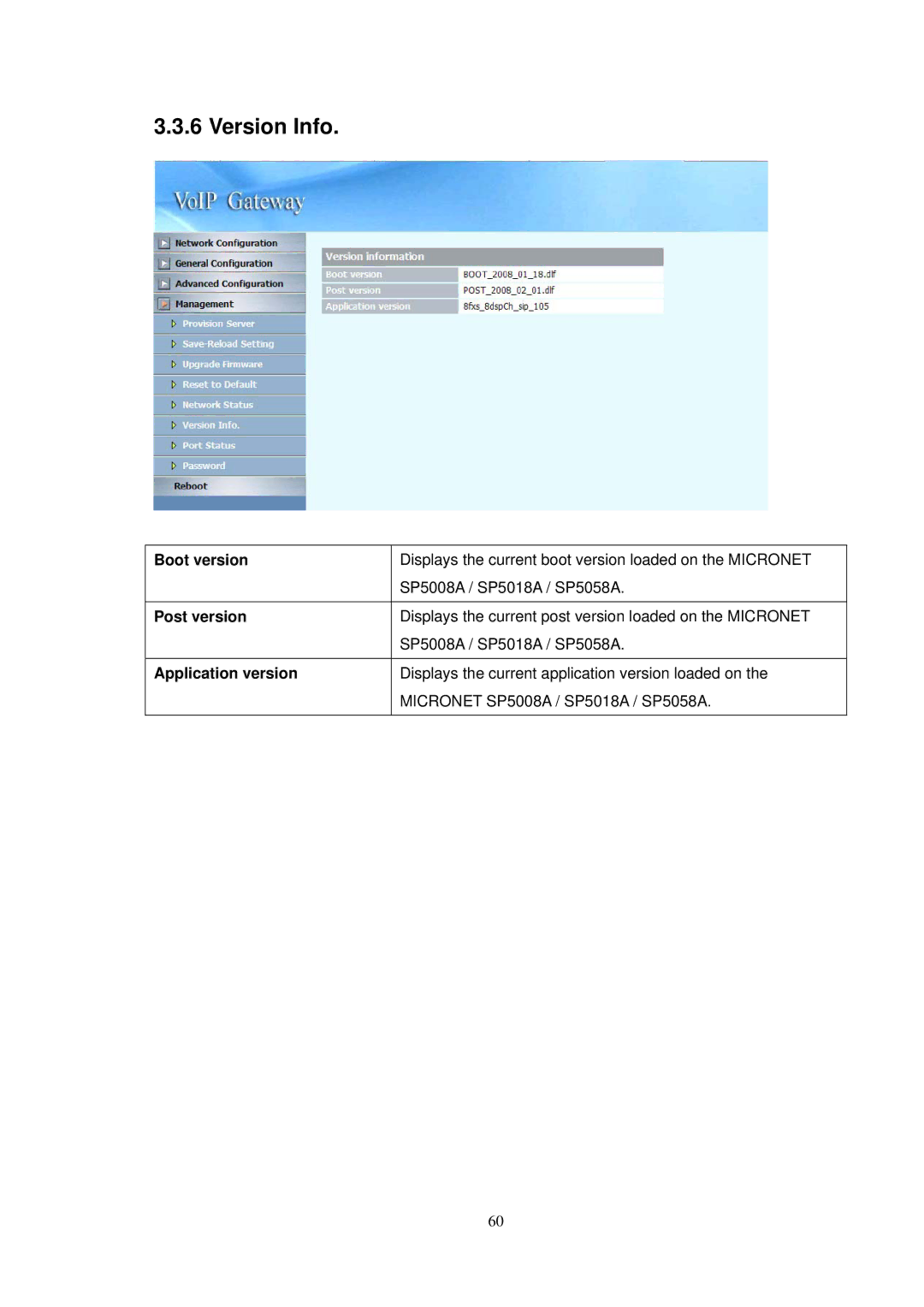 NEC SP5008A user manual Version Info, Boot version, Post version, Application version 