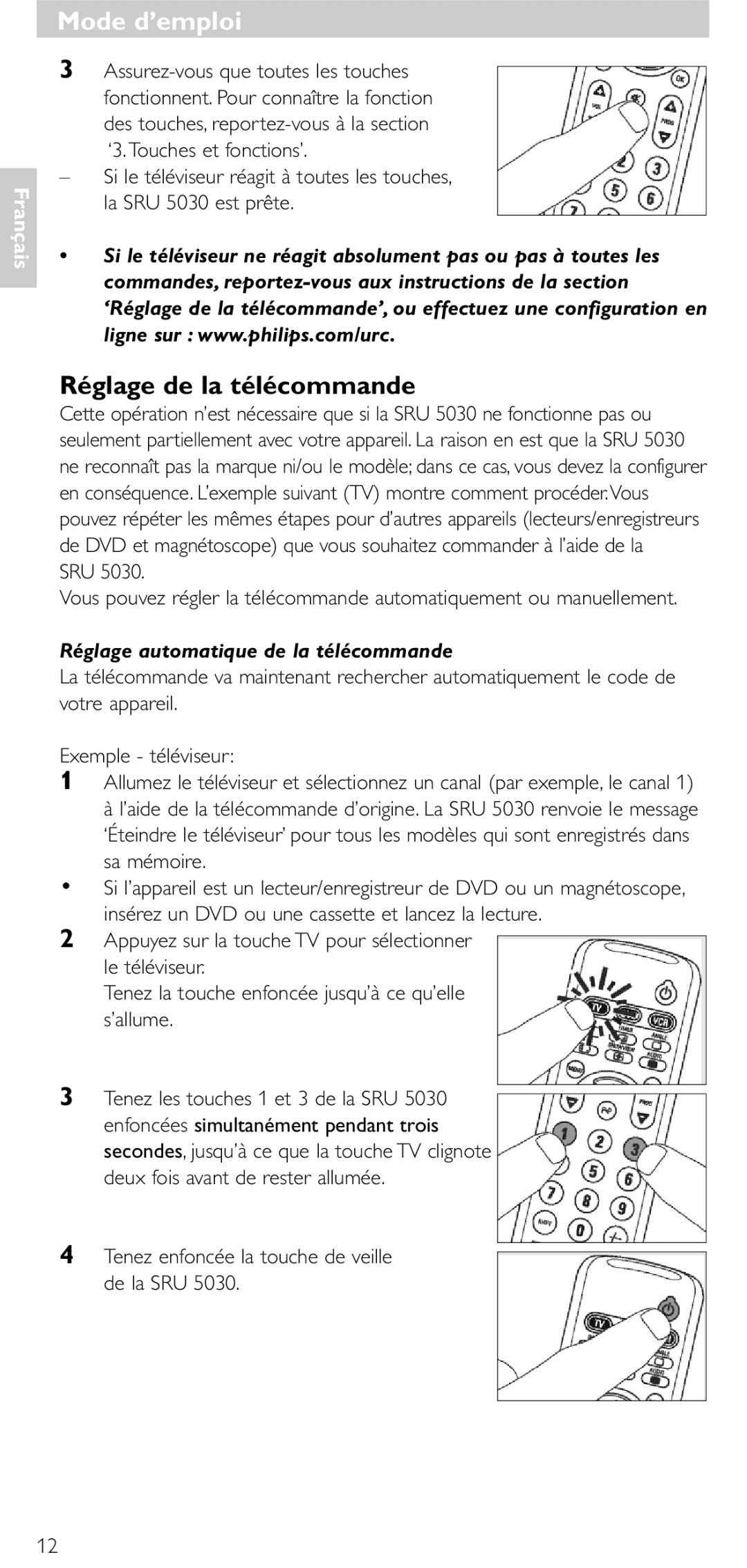 NEC SRU 5030/86 manual Mode d’emploi, Réglage de la télécommande, Sru, Réglage automatique de la télécommande 