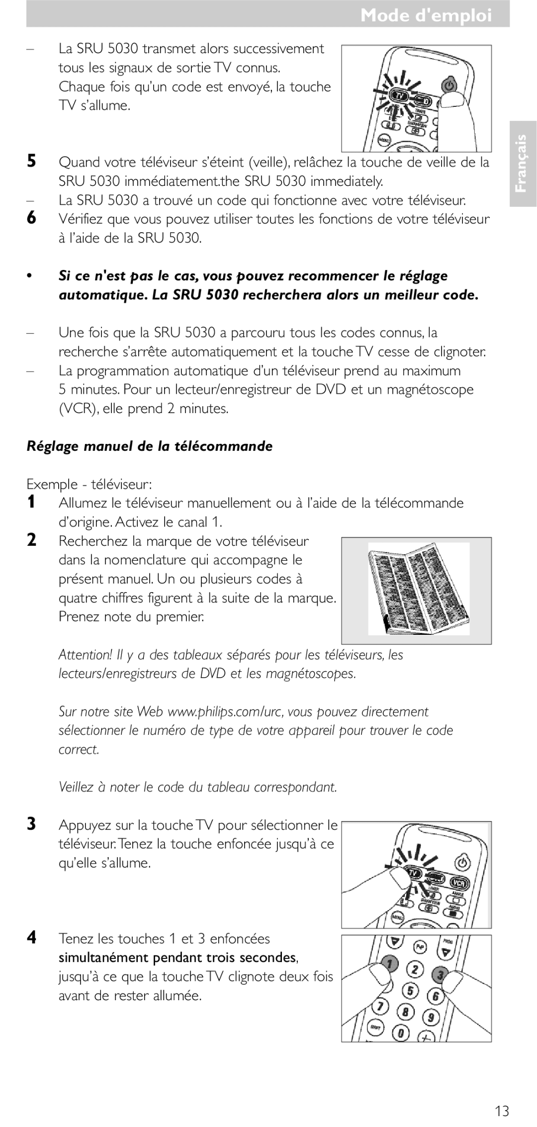 NEC SRU 5030/86 manual Réglage manuel de la télécommande, Veillez à noter le code du tableau correspondant 