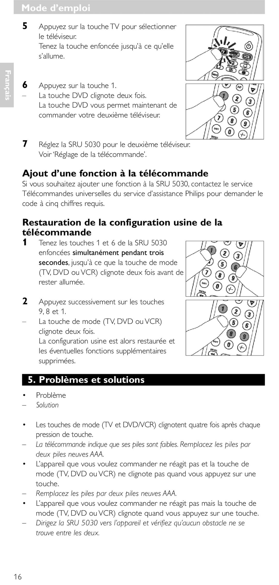 NEC SRU 5030/86 manual Ajout d’une fonction à la télécommande, Restauration de la configuration usine de la télécommande 