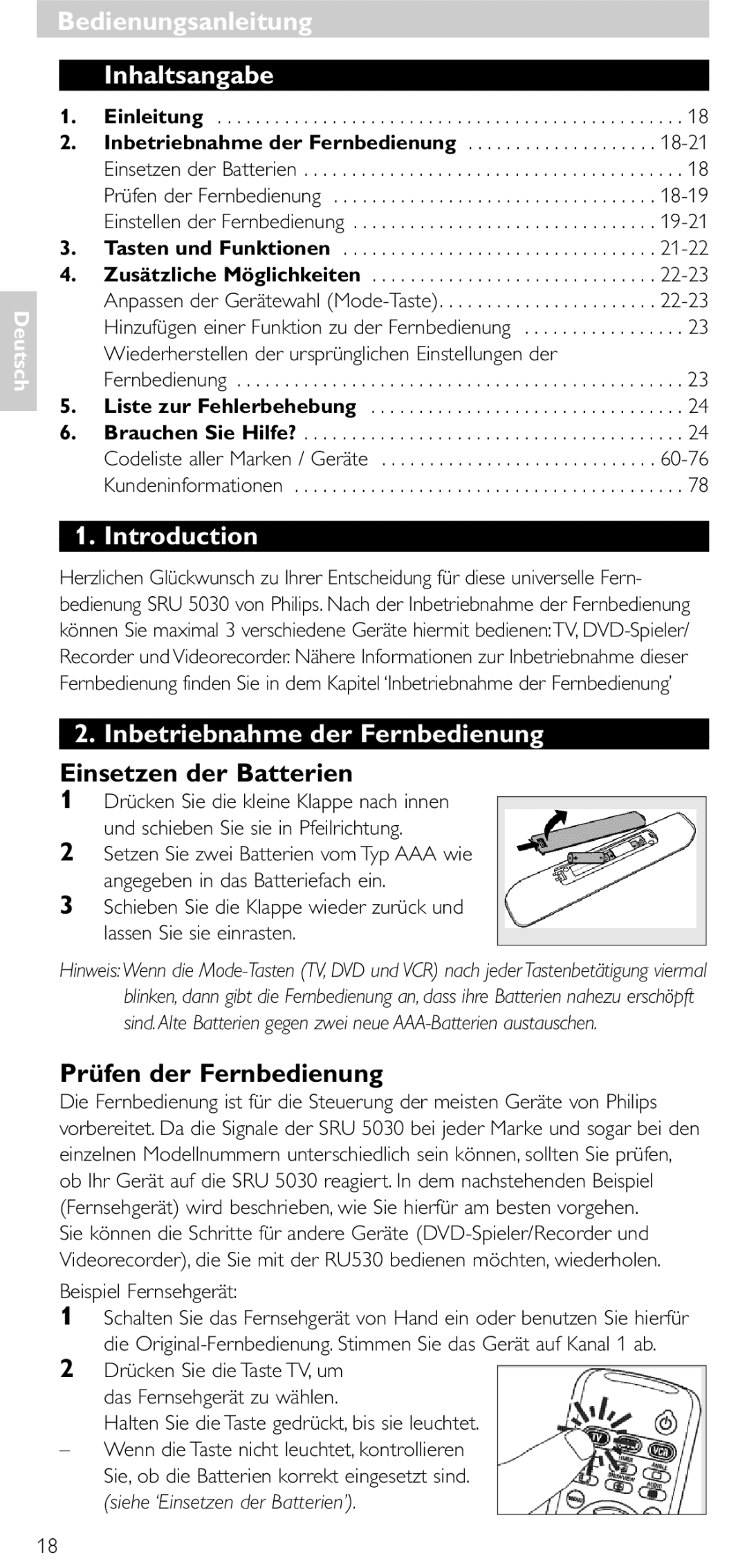 NEC SRU 5030/86 manual Bedienungsanleitung Inhaltsangabe, Inbetriebnahme der Fernbedienung, Einsetzen der Batterien 