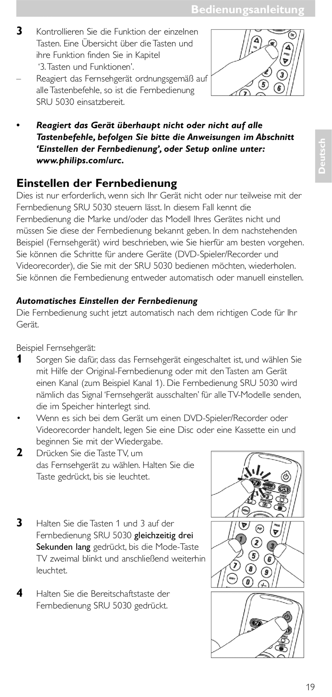 NEC SRU 5030/86 manual Bedienungsanleitung, Einstellen der Fernbedienung, ‘3.Tasten und Funktionen’ 