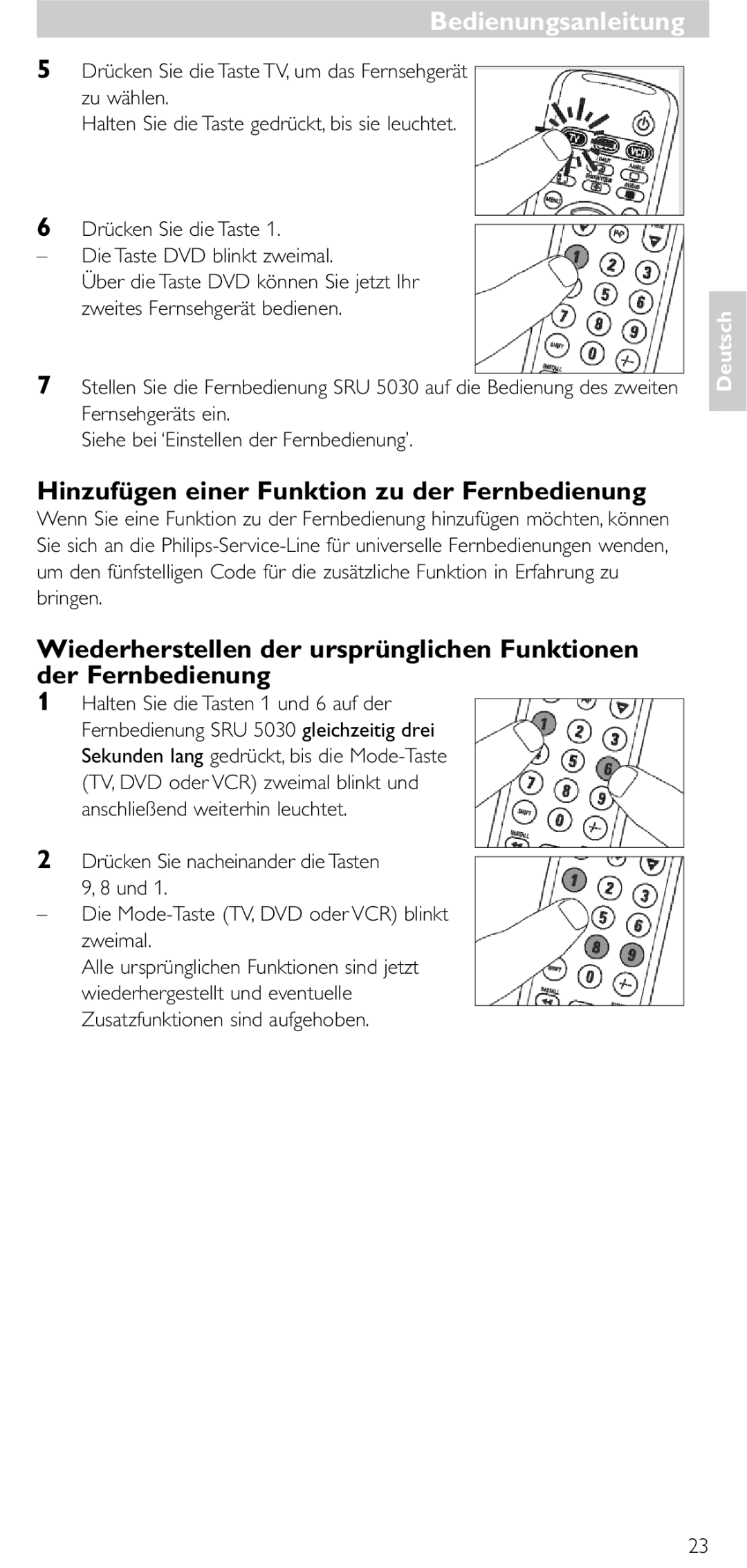 NEC SRU 5030/86 manual Hinzufügen einer Funktion zu der Fernbedienung 